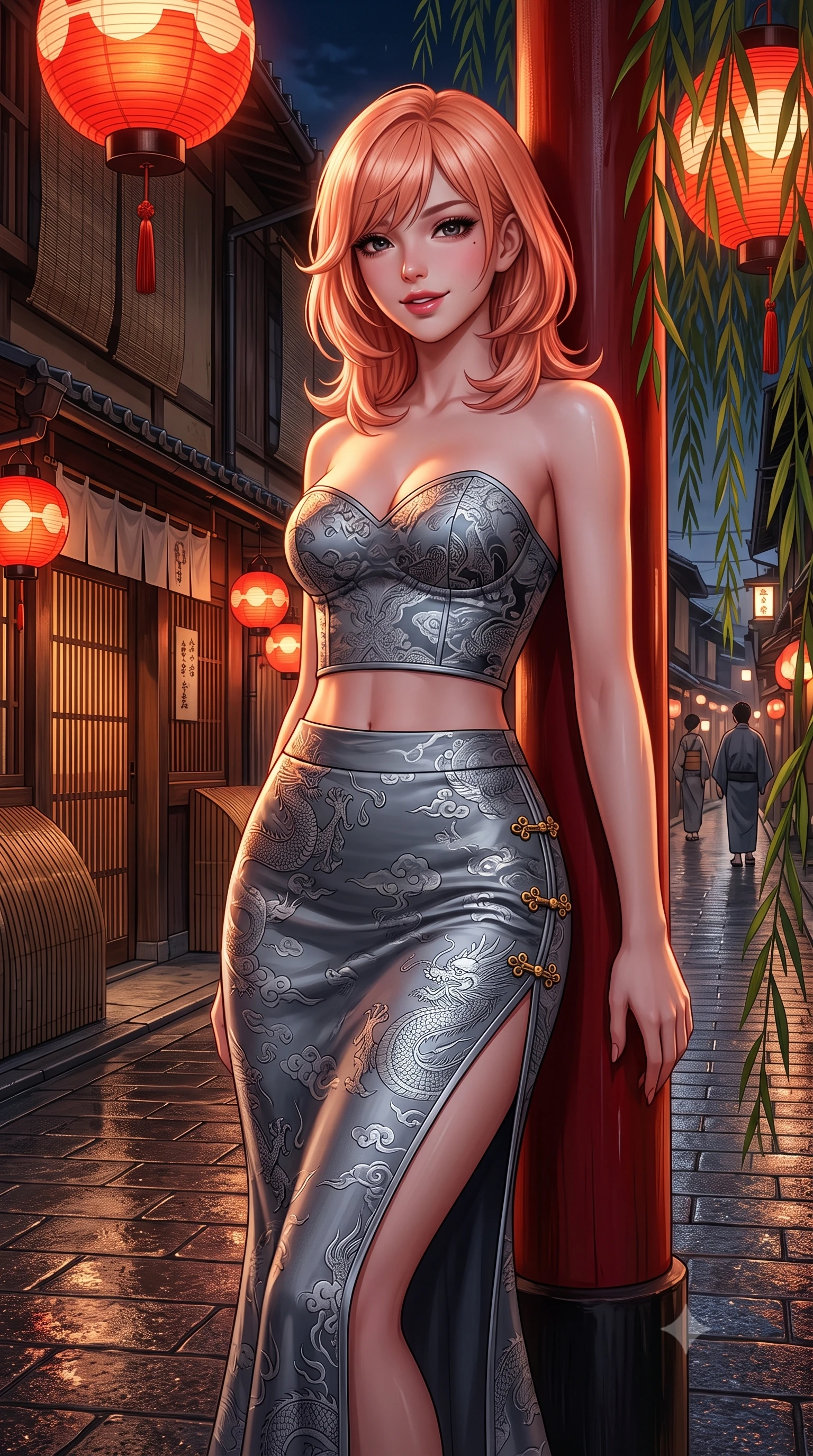 score_9, masterpiece, best quality, ultra-detailed, high-budget anime keyframe, semi-realistic 3D game render, editorial fashion photography, tasteful artistic composition, Japanese woman. close-up cowboy shot from the waist and thighs up, the character dominates the composition, filling the frame with her large presence. leaning back against the red lacquer pillar with relaxed seductive grace, her flat midriff and narrow waist highlighted as warm lantern light traces her curves while twisting her slender torso in an alluring contrapposto stance, trailing weeping willow fronds brushing past her tight fusion dress and hips. The surrounding environment is rendered in vivid detail and crisp panoramic clarity: detailed brocade fabric weave, rain-kissed pavement sheen, and traditional Kyoto street architecture in razor-sharp clarity. She has an exceptionally elegant, slender, and willowy female figure with an ultra-slim waist, flat toned midriff, narrow ribcage, and sculpted feminine hips creating an alluring, slim hourglass silhouette without bulk. sharp v-shaped jawline, high-bridge nose, intricate jewel-like dark sparkling almond eyes with depth, thick lashes, glossy parted lips with a natural rose-plum sheen, bright alluring and coquettish smile with bedroom-eyes, exuding both timeless oriental elegance and sovereign high-fashion allure, flawlessly proportioned anatomical accuracy, strict slender model proportions, natural body alignment, perfectly sculpted long slender limbs, ultra-slim waistline, clean dynamic posture without body distortion. wearing a sweetheart-neckline oriental jacquard bustier top paired with a curve-hugging high-slit mermaid maxi skirt in misty ink-wash slate grey and liquid silver, made of rich jacquard silk with intricate embossed dragon and cloud motifs, accented with intricate gold frog buttons and a delicate mandarin collar, the form-fitting tailored bodice adhering flawlessly to her sculpted flat midriff and slender torso, emphasizing her long leg lines and perfectly proportioned willowy build. bathed in the warm nostalgic glow of red paper street lanterns and teahouse window spill. highly saturated vibrant anime colors, detailed shading with soft gradients, rich glossy textures, high-contrast stereoscopic depth, volumetric dynamic lighting, master piece, 9:16 ratio
