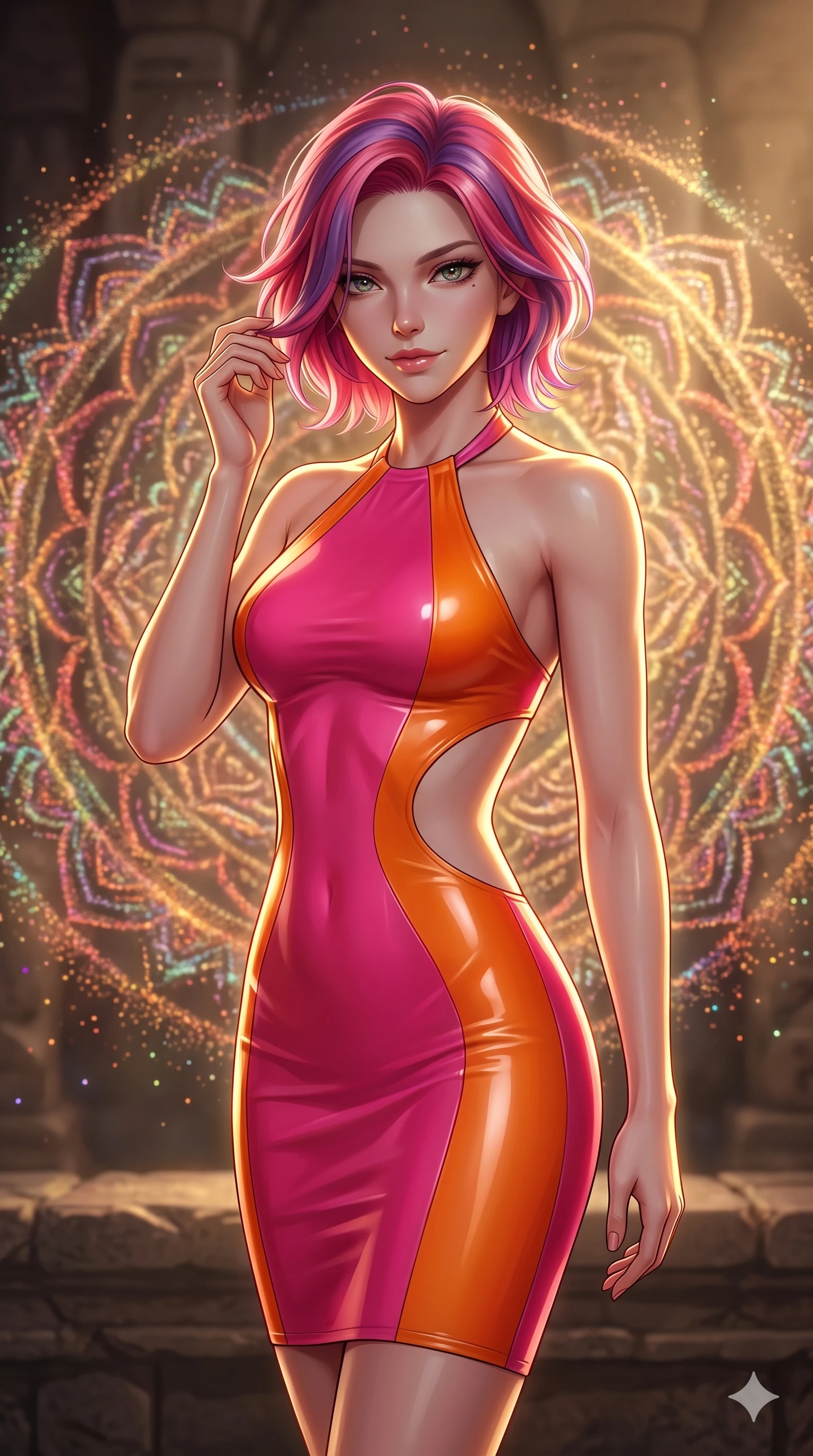 score_9, masterpiece, best quality, ultra-detailed, high-budget anime keyframe, editorial fashion photography, tasteful artistic composition, Caucasian woman, strictly human ears. close-up cowboy shot from the waist and thighs up, the character dominates the composition, filling the frame with her large presence, background elements kept in soft focus. Gently brushing hair from her face with an enigmatic half-smile. set against a soft-focus background of an ancient stone altar where millions of glowing colored sand particles levitate and slowly arrange themselves into an impossibly intricate mandala pattern radiating outward in concentric circles. She has an exceptionally elegant and slender, willowy female figure with an ultra-slim waist, a gracefully sculpted slender torso, and a refined slim physique. sharp v-shaped jawline, high-bridge nose, intricate jewel-like eyes with depth, thick eyelashes, glossy lips with a natural sheen. wearing a latex-effect bodycon dress in a vibrant pink and orange color-block, featuring dramatic side torso cutouts and a halter neckline. dramatic chiaroscuro with a single golden key light sculpting her silhouette. 2k, ultra detail, master piece, 9:16 ratio