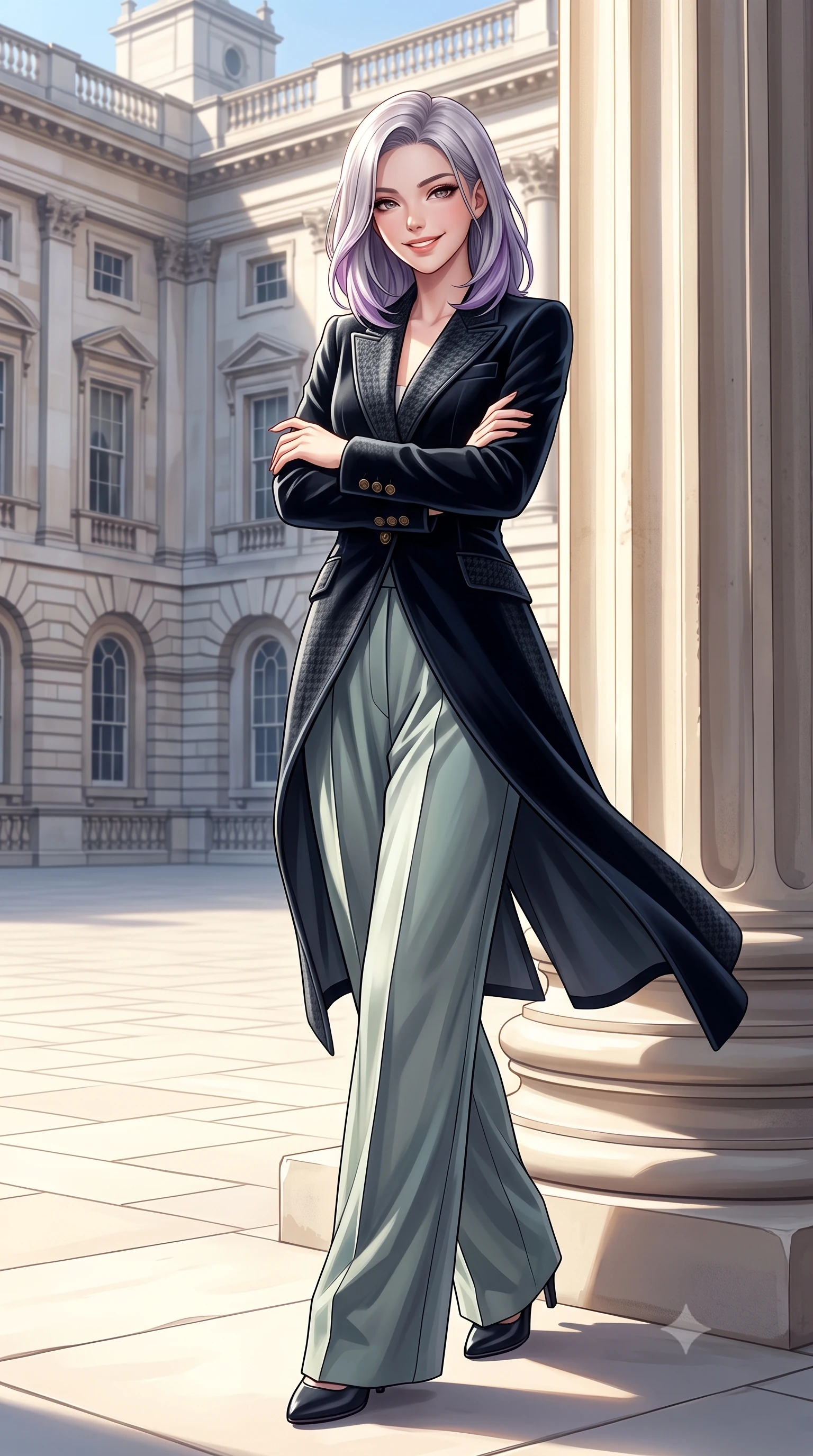 score_9, masterpiece, best quality, ultra-detailed, high-budget anime keyframe, semi-realistic 3D game render, editorial fashion photography, tasteful artistic composition, Caucasian woman. low angle full-body shot from head to toe showing her feet, filling the entire 9:16 vertical frame with her statuesque presence, stretching her vertical silhouette. leaning lightly against the sunlit architectural column with arms crossed loosely, flashing a warm, confident smile while stepping gracefully across the vast limestone courtyard floor, her long tailored coat flowing with statuesque elegance. The surrounding environment is rendered in vivid detail and crisp panoramic clarity: detailed houndstooth tweed jacket weave, gold embossed coin buttons, and monumental British architecture in high resolution. She has an exceptionally tall and slender model-like 8.5-heads proportion, an ultra-slim waist, a flat toned midriff, narrow delicate ribcage, and beautifully sculpted feminine hips creating a graceful, slim hourglass silhouette without any bulky heaviness, with impossibly long slender legs. sharp v-shaped jawline, high-bridge nose, intricate jewel-like sparkling eyes with depth, thick eyelashes, glossy parted lips with a natural peach sheen, bright cheerful beaming smile with an enchanting and coquettish sensual glint, exuding both youthful cute charm and seductive allure, flawlessly proportioned anatomical accuracy, strict slender model proportions, natural body alignment, perfectly sculpted long slender limbs, ultra-slim waistline, clean dynamic posture without body distortion. wearing a chic tailored smoking jacket blazer paired with fluid pleated palazzo trousers and a silk blouse base in misty Arashiyama bamboo green and slate grey, crafted from rich cotton velvet with deep light-absorbing pile and soft gradients, featuring delicate tonal horn buttons and meticulous hand-stitched pick-lapel borders, the expertly draped wool fabric falling in crisp fluid lines along her tall 8.5-heads silhouette, celebrating her slender frame without excess fabric bulk. illuminated by pale stone reflection bounce and sharp platinum rim lights sculpting her jawline, narrow waist, and statuesque proportions. highly saturated vibrant anime colors, detailed shading with soft gradients, rich glossy textures, high-contrast stereoscopic depth, volumetric dynamic lighting, master piece, 9:16 ratio