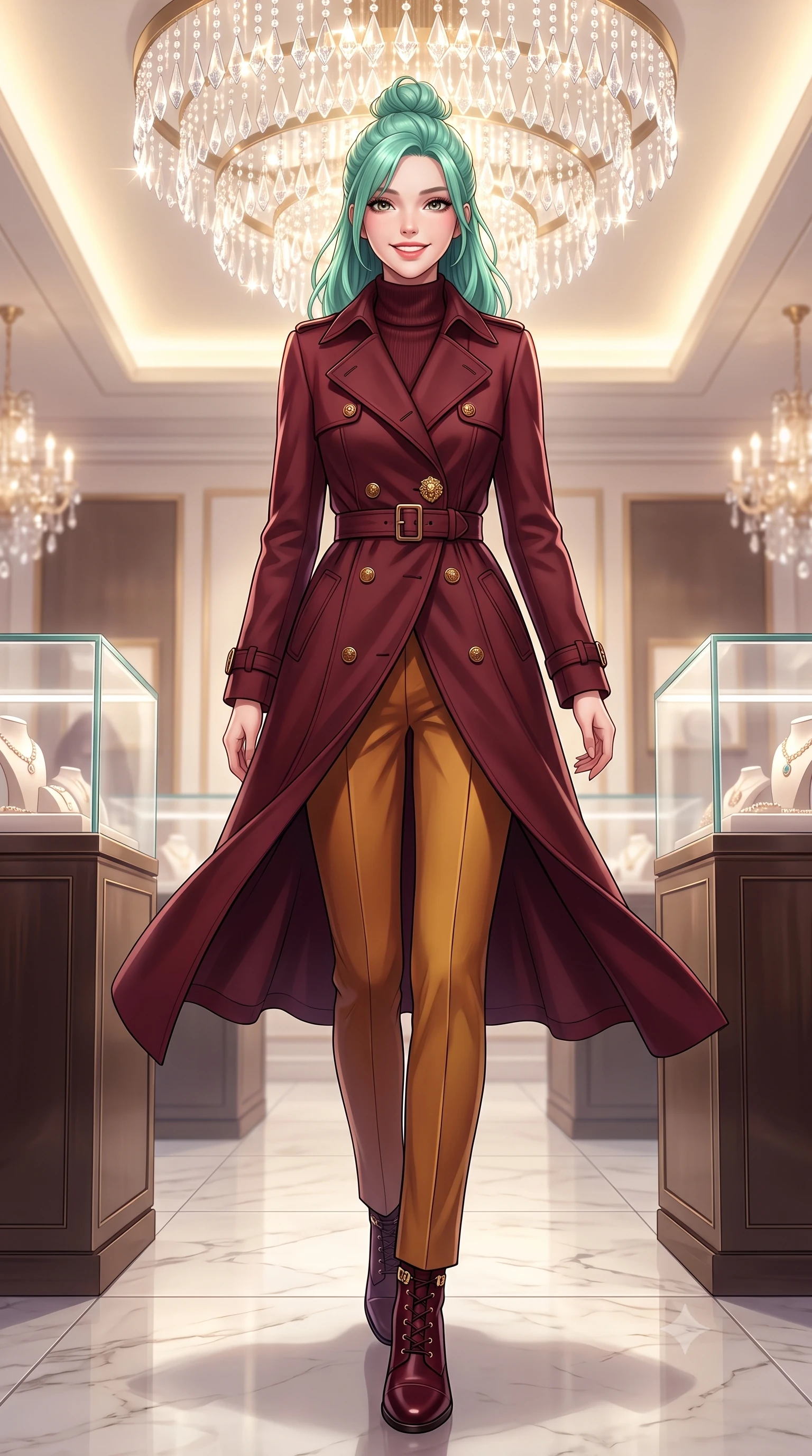 score_9, masterpiece, best quality, ultra-detailed, high-budget anime keyframe, semi-realistic 3D game render, editorial fashion photography, tasteful artistic composition, Japanese woman. low angle full-body shot from head to toe showing her feet, filling the entire 9:16 vertical frame with her statuesque presence, stretching her vertical silhouette. stepping forward gracefully in mid-motion with a radiant beaming smile, her long tailored coat fluttering around her slender legs while standing poised in the center of the palatial boutique salon beneath a cascading crystal chandelier, flashing a chic supermodel smile. The background shows a soft-focus glass display cases with luxury jewels softened in opulent Parisian palace shallow focus. She has an exceptionally tall and slender model-like 8.5-heads proportion, an ultra-slim waist, a flat toned midriff, narrow delicate ribcage, and beautifully sculpted feminine hips creating a graceful, slim hourglass silhouette without any bulky heaviness, with impossibly long slender legs. sharp v-shaped jawline, high-bridge nose, intricate jewel-like sparkling eyes with depth, thick eyelashes, glossy parted lips with a natural peach sheen, bright cheerful beaming smile with an enchanting and coquettish sensual glint, exuding both youthful cute charm and seductive allure, flawlessly proportioned anatomical accuracy, strict slender model proportions, natural body alignment, perfectly sculpted long slender limbs, ultra-slim waistline, clean dynamic posture without body distortion. wearing a classic double-breasted trench coat with a cinched waist belt worn over a fine-knit cashmere turtleneck and tailored trousers in rich Oxford burgundy and golden amber, tailored from fine wool gabardine with crisp permanent pleats and sharp drape, accented with an ornate 24k gold lion-embossed crest button along the front closure, the precision-cut high-waisted tailoring accentuating her ultra-slim waist and long slender leg line with immaculate aristocratic poise. bathed in brilliant 3500K warm-white cove illumination and glittering multi-faceted crystal chandelier reflections. highly saturated vibrant anime colors, detailed shading with soft gradients, rich glossy textures, high-contrast stereoscopic depth, volumetric dynamic lighting, master piece, 9:16 ratio