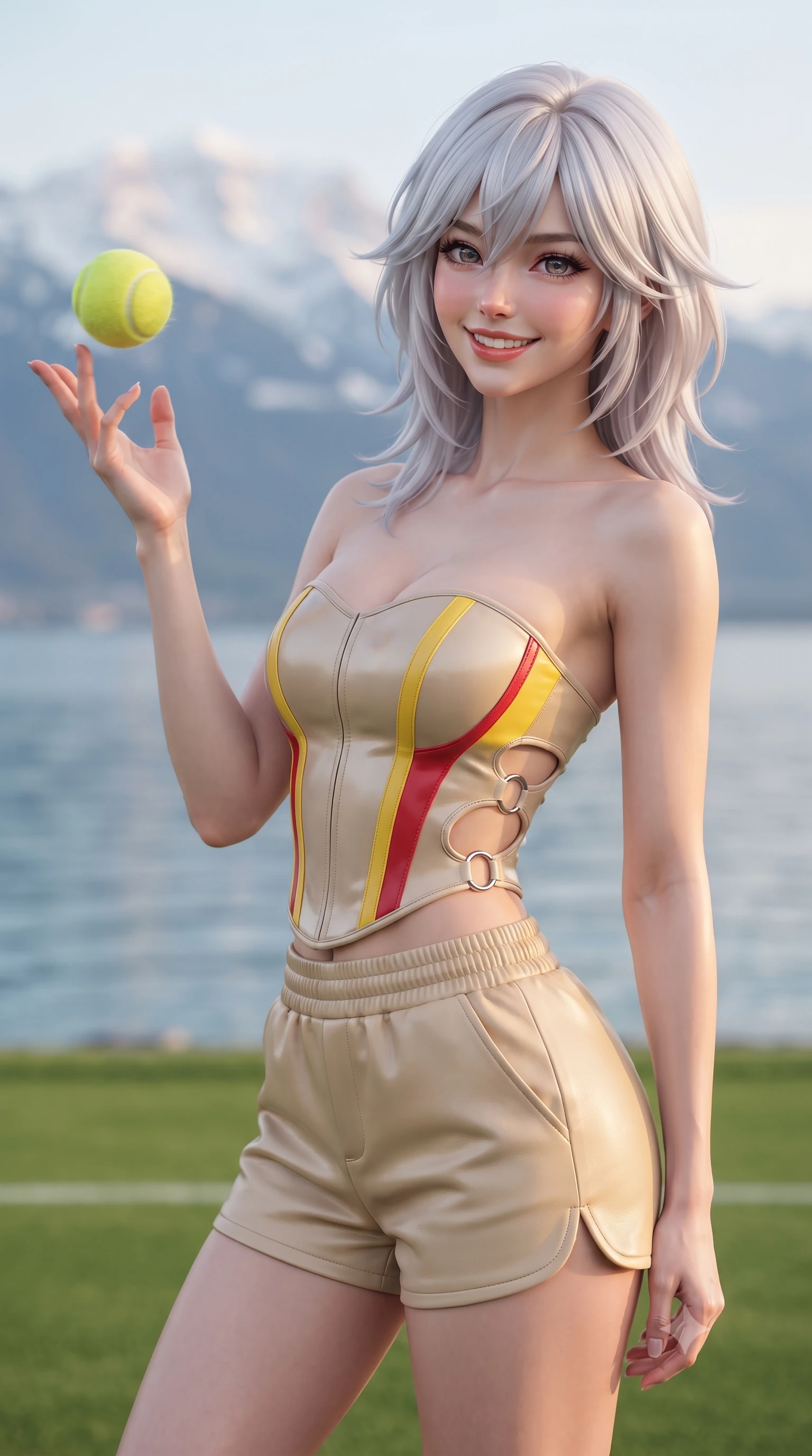 score_9, masterpiece, best quality, ultra-detailed, high-budget anime keyframe, editorial fashion photography, tasteful artistic composition, Japanese woman. close-up cowboy shot from the waist and thighs up, the character dominates the composition, filling the frame with her large presence. playfully spinning a tennis ball on her fingertips, her radiant smile capturing fresh girlhood charm while her arched torso reveals an intoxicating hip contour while standing on the pristine grass court overlooking Lake Geneva, arching her back with high-society poise as snowy Mont Blanc glimmers in the distance. The background shows a soft-focus tranquil Lake Geneva waters and the majestic snow-covered dome of Mont Blanc blurred into icy sapphire, cloud white, and rose-gold bokeh. She has an exceptionally elegant, slender, and willowy female figure with an ultra-slim waist, flat toned midriff, narrow ribcage, and sculpted feminine hips creating an alluring, slim hourglass silhouette without bulk. sharp v-shaped jawline, high-bridge nose, sparkling eyes with athletic focus and depth, thick curled eyelashes, glossy parted lips with a natural coral-peach sheen, bright confident and coquettish smile with alluring bedroom-eyes, exuding both youthful sporty vigor and sovereign high-society glamour, flawlessly proportioned anatomical accuracy, strict slender model proportions, natural body alignment, perfectly sculpted long slender limbs, ultra-slim waistline, clean dynamic posture without body distortion. wearing a strapless structured leather corset top with racing stripe accents paired with high-waisted track shorts in warm oatmeal beige and deep Ferrari yellow, crafted from supple buttery lambskin racing leather with a satin sheen, finished with sharp laser-cut side ventilation cutouts framed by chrome rings, the liquid-tight tailored fabric clinging flawlessly to her narrow waist and rounded feminine hips, emphasizing every millimeter of her sculpted slim hourglass curves without any bulky heaviness. bathed in luminous alpine morning sunlight cascading across the vast lake basin. ultra-reflective glossy finish, specular highlights, rich textural contrasts, high-contrast stereoscopic depth, volumetric dynamic lighting, 2k, ultra detail, master piece, 9:16 ratio