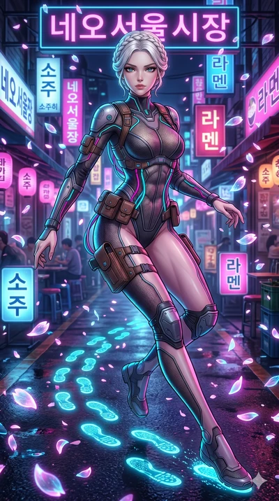 score_9, masterpiece, best quality, ultra-detailed, Set A: High-budget Anime Keyframe, Japanese woman. Upper body close-up from the thighs up, character filling the screen for maximum presence. Sliding through a neon-lit Neo-Seoul market, as she leav
