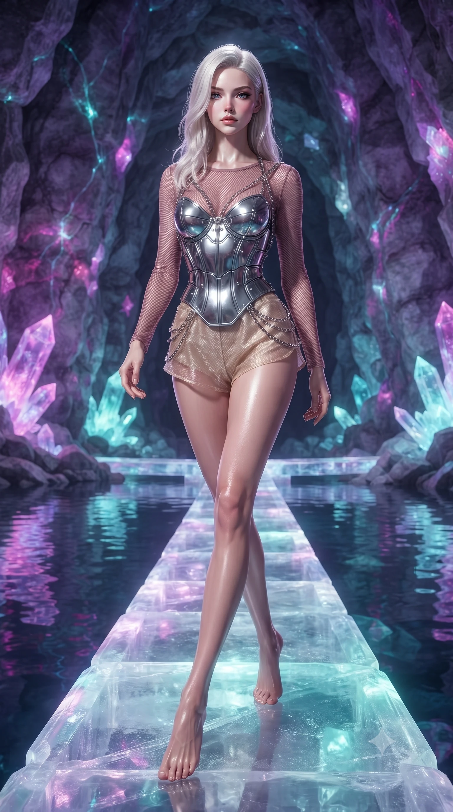 score_9, masterpiece, best quality, ultra-detailed, high-budget anime keyframe, editorial fashion photography, tasteful artistic composition, Caucasian woman. low angle full-body shot from head to toe showing her feet, filling the entire 9:16 vertical frame with her statuesque presence, stretching her vertical silhouette. navigating the luminous space with effortless poise, displaying her perfect model proportions stepping along a glowing quartz crystal bridge over a subterranean mirror lake, bioluminescent opal veins pulsing softly in the surrounding stone walls. She has an absolutely perfect, statuesque 8.5-heads proportion, an exceptionally tall and slender model-like female figure with impossibly long slender legs and an ultra-slim waist. sharp v-shaped jawline, high-bridge nose, intricate jewel-like eyes with depth, thick eyelashes, glossy lips with a natural sheen. wearing a chrome-plated structured bodice worn over a sheer mesh top and micro-shorts in dusty rose and champagne gold, woven from fine semi-opaque sheer organza, adorned with delicate metallic chain straps along the neckline, the elegant draped fit framing her graceful clavicle and slender torso. illuminated by radiant purple, magenta, and cyan crystal inner glow. ultra-reflective glossy finish, specular highlights, metallic sheen, high-contrast stereoscopic depth, volumetric dynamic lighting, 2k, ultra detail, master piece, 9:16 ratio