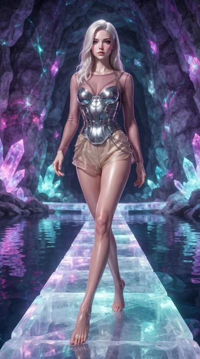 score_9, masterpiece, best quality, ultra-detailed, high-budget anime keyframe, editorial fashion photography, tasteful artistic composition, Caucasian woman. low angle full-body shot from head to toe showing her feet, filling the entire 9:16 vertica
