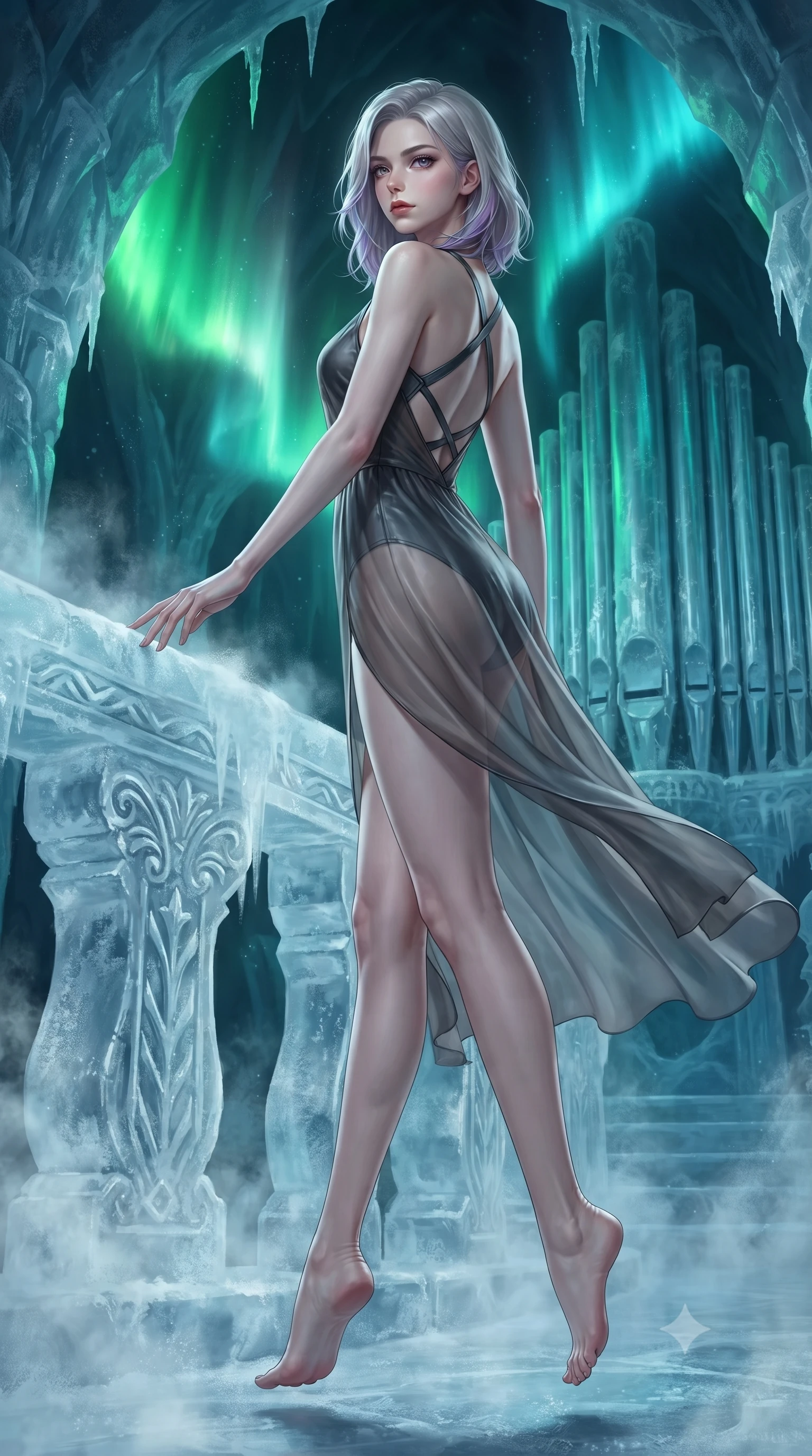 score_9, masterpiece, best quality, ultra-detailed, high-budget anime keyframe, editorial fashion photography, tasteful artistic composition, Caucasian woman. low angle full-body shot from head to toe showing her feet, filling the entire 9:16 vertical frame with her statuesque presence, stretching her vertical silhouette. performing an athletic mid-air rotation with flawless poise, her vertical silhouette beautifully stretched while resting her fingers gracefully near a carved ice balustrade as frosty mist drifts nearby, frozen organ pipes reflecting vivid green and cyan polar aurora lights dynamically. She has an absolutely perfect, statuesque 8.5-heads proportion, an exceptionally tall and slender model-like female figure with impossibly long slender legs and an ultra-slim waist. sharp v-shaped jawline, high-bridge nose, intricate jewel-like eyes with depth, thick eyelashes, glossy lips with a natural sheen, flawlessly proportioned anatomical accuracy, natural body alignment, perfectly sculpted elegant limbs, clean dynamic posture without body distortion. wearing a semi-opaque sheer overlay dress over a leather micro-bodysuit in charcoal grey and platinum, crafted from lustrous satin jersey with fluid draping, complemented by criss-cross back straps highlighting her bare shoulders, the sleek second-skin texture accentuating her magnetic presence. surrounded by a high-contrast icy luminescence and deep velvet shadows. ultra-reflective glossy finish, specular highlights, metallic sheen, high-contrast stereoscopic depth, volumetric dynamic lighting, 2k, ultra detail, master piece, 9:16 ratio