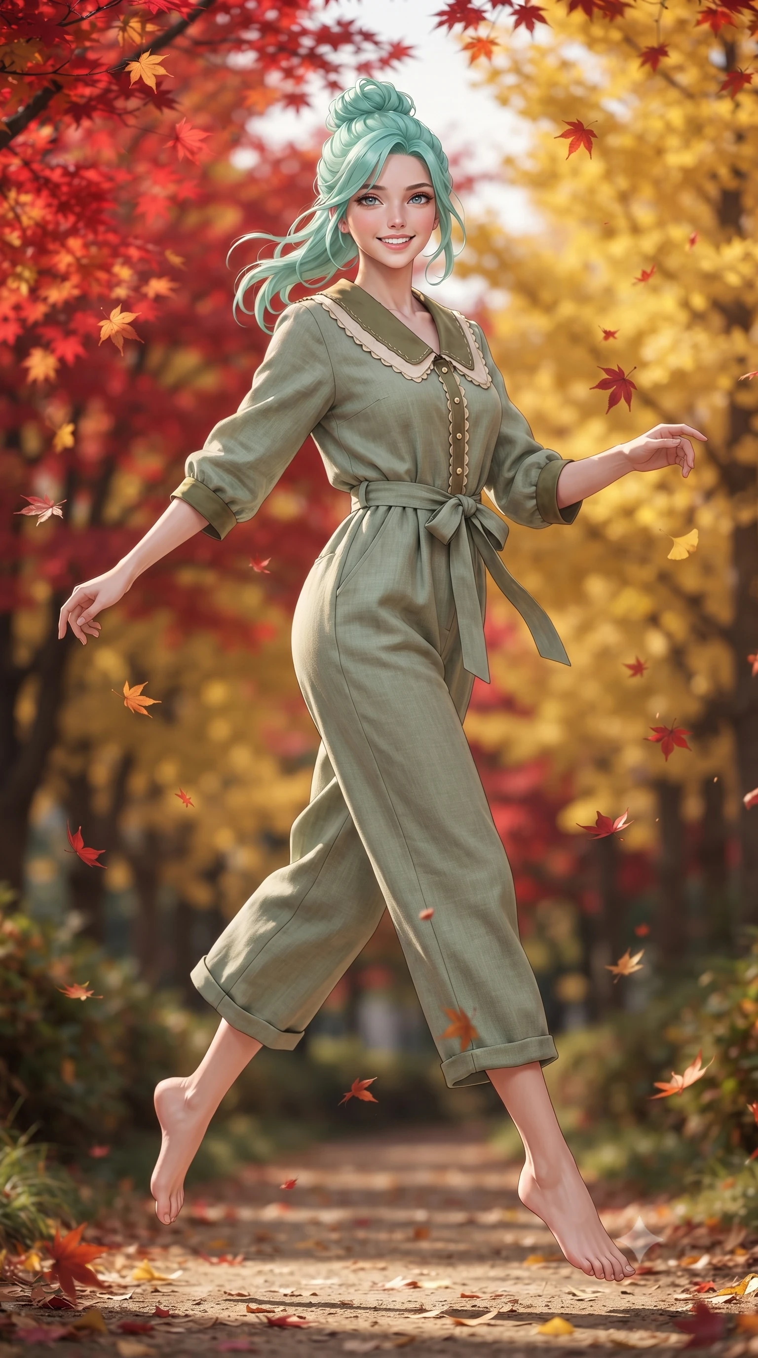 score_9, masterpiece, best quality, ultra-detailed, high-budget anime keyframe, editorial fashion photography, tasteful artistic composition, Japanese woman. low angle full-body shot from head to toe showing her feet, filling the entire 9:16 vertical frame with her statuesque presence, stretching her vertical silhouette. leaping with lighthearted youthful energy across the natural path with a dazzling bright smile and balanced athletic poise while turning gracefully as falling scarlet and amber leaves swirl playfully around her tall, slender silhouette. The composition keeps background elements in soft focus with creamy bokeh. blazing scarlet maple canopies and golden ginkgo trees blurred into rich ruby, amber, and burnt orange bokeh. She has an absolutely perfect, statuesque 8.5-heads proportion, an exceptionally tall and slender model-like female figure with impossibly long slender legs, a toned flat midriff, and an ultra-slim waist. sharp v-shaped jawline, high-bridge nose, intricate jewel-like eyes with depth, thick eyelashes, glossy lips with a natural sheen, pure and lovely fresh girlhood expression, flawlessly proportioned anatomical accuracy, strict slender model proportions, natural body alignment, perfectly sculpted long slender limbs, ultra-slim waistline, clean dynamic posture without body distortion. wearing a relaxed sage green linen jumpsuit with a tied waist sash and folded collar in muted olive green and ivory cotton, crafted from soft breathable linen that flutters gently in the breeze, finished with delicate scallop trims and tiny pearl buttons, the relaxed yet flattering fit accentuating her naturally graceful and slender figure, highlighting her youthful charm and lovely silhouette. illuminated by crisp directional sunbeams accentuating her slender waistline and cozy layered outfit. ultra-reflective glossy finish, specular highlights, rich natural textures, high-contrast stereoscopic depth, volumetric dynamic lighting, 2k, ultra detail, master piece, 9:16 ratio