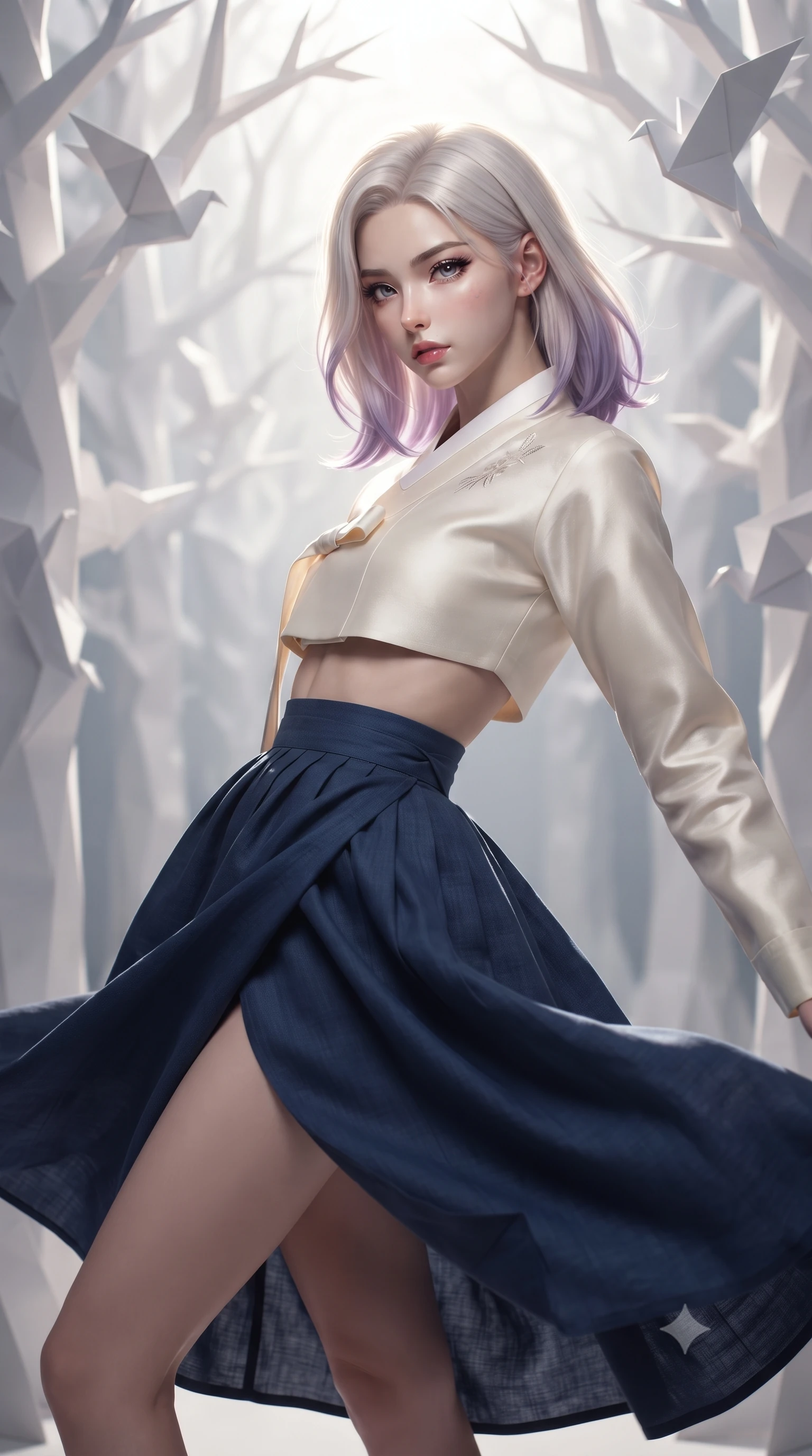 score_9, masterpiece, best quality, ultra-detailed, high-budget anime keyframe, editorial fashion photography, tasteful artistic composition, realistic cosplay photography, Caucasian woman, strictly human ears. close-up cowboy shot from the waist and thighs up, the character dominates the composition, filling the frame with her large presence, background elements kept in soft focus. Leaning back to dodge a fast strike with fluid grace, casting a cold side-glare. set against a soft-focus background of a forest made of white folded paper trees, where paper birds are taking flight from branches in a geometric flurry. She has an exceptionally elegant and slender, willowy female figure with an ultra-slim waist, a gracefully sculpted slender torso, and a refined slim physique. sharp v-shaped jawline, high-bridge nose, intricate jewel-like eyes with depth, thick eyelashes, glossy lips with a natural sheen. wearing the lightweight fabric rippling and billowing dramatically with her movement, a tailored modern fusion Hanbok featuring a cream silk cropped jeogori over a flowing navy blue linen wrapped skirt. dramatic backlight creating a radiant halo effect around her entire silhouette. ultra-reflective glossy finish, specular highlights, metallic sheen, high-contrast stereoscopic depth, volumetric dynamic lighting, 2k, ultra detail, master piece, 9:16 ratio