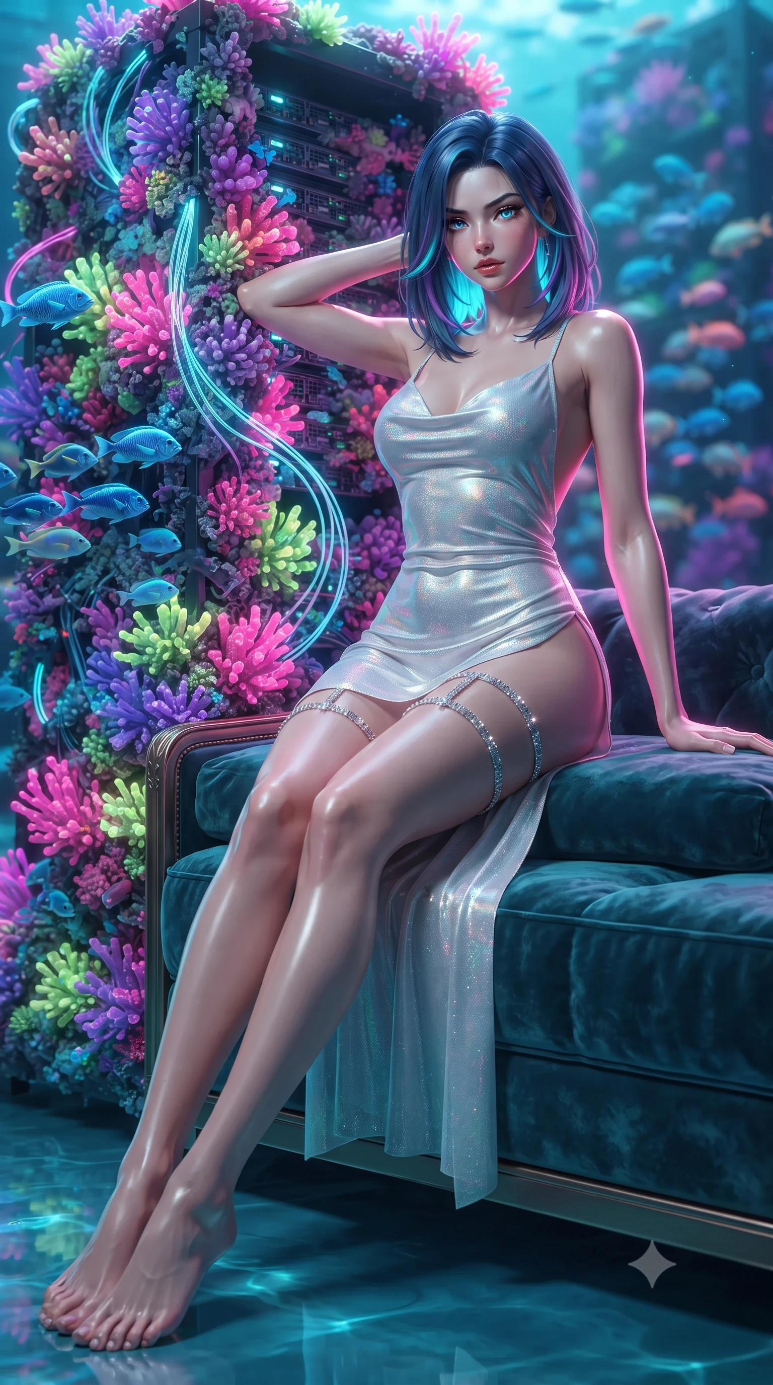 score_9, masterpiece, best quality, ultra-detailed, high-budget anime keyframe, editorial fashion photography, tasteful artistic composition, Caucasian woman. low angle full-body shot from head to toe showing her feet, filling the entire 9:16 vertical frame with her statuesque presence, stretching her vertical silhouette. lounging on the lavish daybed with legs crossed and hips angled toward the camera, displaying her toned midriff and long slender limbs with effortless siren poise while leaning against the coral-encrusted server rack with hips cocked back, watching luminescent neon reef fish dart through fiber-optic cables with smoldering bedroom-eyes. The background shows a soft-focus living fluorescent magenta, lime, and violet corals growing across pulsing server towers, schools of electric blue reef fish blurred into coral, mint, and amethyst bokeh. She has an exceptionally tall and slender model-like 8.5-heads proportion, an ultra-slim waist, a flat toned midriff, narrow delicate ribcage, and beautifully sculpted feminine hips creating a graceful, slim hourglass silhouette without any bulky heaviness, with impossibly long slender legs. sharp v-shaped jawline, high-bridge nose, intricate jewel-like sparkling eyes with depth, thick eyelashes, glossy parted lips with a natural peach sheen, bright cheerful beaming smile with an enchanting and coquettish sensual glint, exuding both youthful cute charm and seductive allure, flawlessly proportioned anatomical accuracy, strict slender model proportions, natural body alignment, perfectly sculpted long slender limbs, ultra-slim waistline, clean dynamic posture without body distortion. wearing a form-contouring gossamer silk chiffon combat slip dress with a hip-high slit and open cowl back clinging with dewy moisture in holographic prismatic pearl and aerospace white, tailored from high-density tech-wool with subtle metallic thread weave, finished with delicate crystal-encrusted thigh garter straps glinting in the dim light, the bespoke structured tailoring following the natural line of her 8.5-heads silhouette with refined elegance. illuminated by turquoise water reflection bounce and sharp neon-pink rim lights defining her jawline, narrow waist, and curvy hips. ultra-reflective glossy finish, specular highlights, rich textural contrasts, high-contrast stereoscopic depth, volumetric dynamic lighting, 2k, ultra detail, master piece, 9:16 ratio