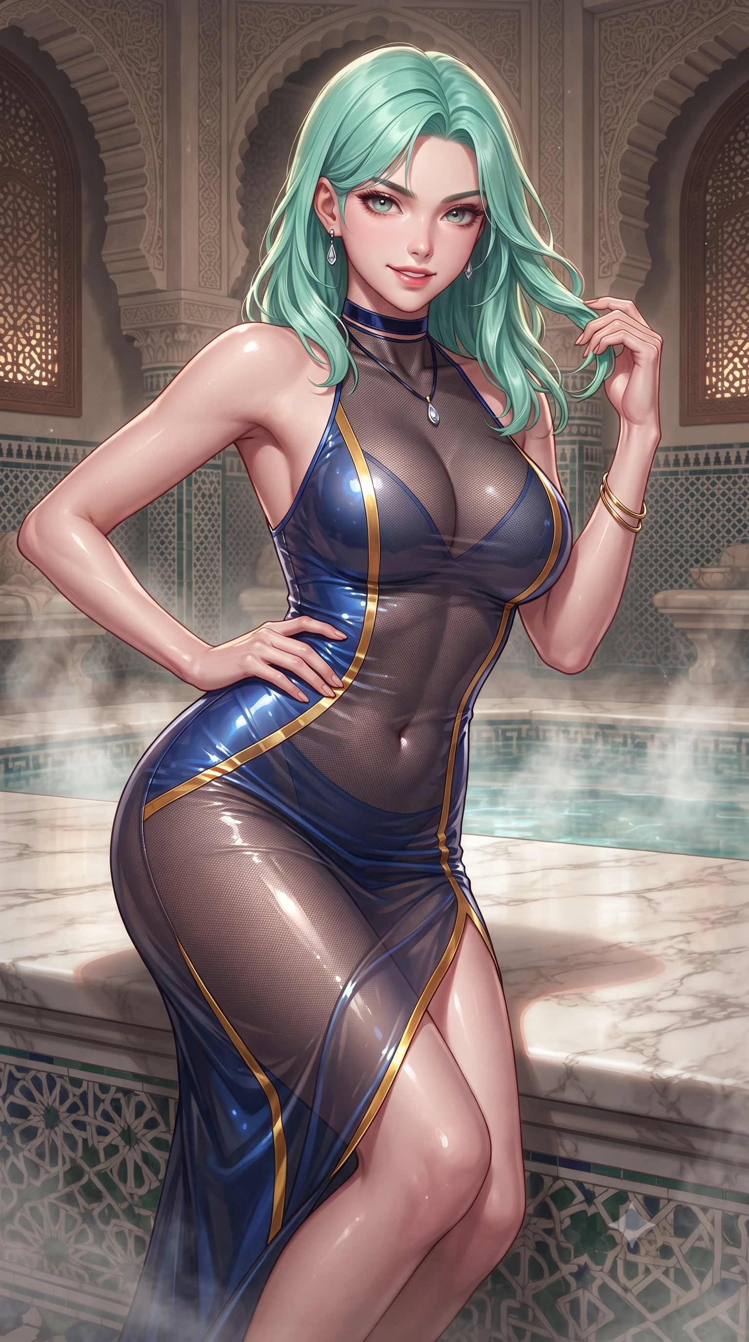 score_9, masterpiece, best quality, ultra-detailed, high-budget anime keyframe, editorial fashion photography, tasteful artistic composition, Japanese woman. close-up cowboy shot from the waist and thighs up, the character dominates the composition, filling the frame with her large presence. twisting her slender torso in an alluring contrapposto stance, one hand resting on her sculpted hip while her fingers toy with her hair with effortless poise while lounging gracefully across the heated marble bench propped on one hand, her statuesque 8.5-heads silhouette radiating intimate oriental wellness indulgence. The surrounding environment is rendered in vivid detail and crisp panoramic clarity: detailed wet-look semi-sheer mesh monokini weave, gold armlet gleam, and centuries-old Moorish hammam craft in high resolution. She has an exceptionally elegant, slender, and willowy female figure with an ultra-slim waist, flat toned midriff, narrow ribcage, and sculpted feminine hips creating an alluring, slim hourglass silhouette without bulk. sharp v-shaped jawline, high-bridge nose, sparkling eyes with hypnotic seductive depth, thick curled eyelashes, glossy parted lips with a natural dewy peach sheen, alluring bedroom-eyes with an enchanting coquettish smile, exuding magnetic siren charisma and sophisticated glamour, flawlessly proportioned anatomical accuracy, strict slender model proportions, natural body alignment, perfectly sculpted long slender limbs, ultra-slim waistline, clean dynamic posture without body distortion. wearing a provocative high-neck sheer illusion cocktail dress with liquid satin ribbons contouring her curves in Marrakesh cobalt majorelle blue and saffron gold, crafted from wet-look high-gloss vinyl fabric with dazzling specular surface reflections, finished with a thin velvet ribbon choker and a single teardrop diamond pendant, the glove-like clinging cut tightly following the natural contour of her hips and long slender legs with youthful 8.5-heads elegance. illuminated by wet marble reflection bounce and sharp champagne-gold rim lights defining her delicate clavicles, ultra-slim waist, and curvy hips. ultra-reflective glossy finish, specular highlights, rich textural contrasts, high-contrast stereoscopic depth, volumetric dynamic lighting, 2k, ultra detail, master piece, 9:16 ratio