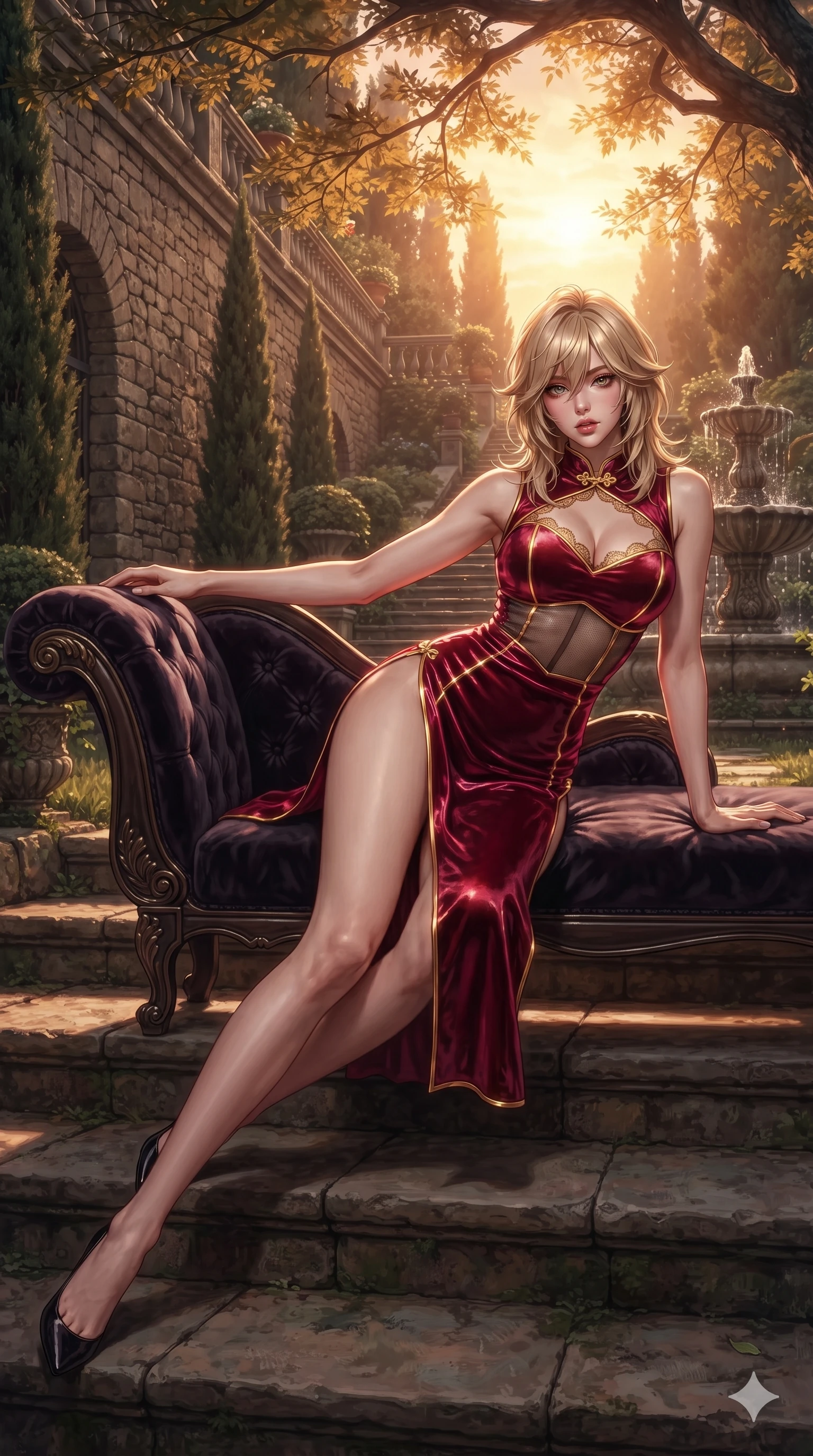 score_9, masterpiece, best quality, ultra-detailed, high-budget anime keyframe, editorial fashion photography, tasteful artistic composition, Japanese woman. low angle full-body shot from head to toe showing her feet, filling the entire 9:16 vertical frame with her statuesque presence, stretching her vertical silhouette. reclining gracefully across the plush chaise lounge with one leg extended, her sculpted silhouette and flat midriff radiating magnetic nocturnal glamour while sitting poised on the wide stone garden steps with one knee bent, her long slender legs and statuesque hourglass silhouette commanding the historic estate. The surrounding environment is rendered in vivid detail and crisp panoramic clarity: detailed gown tailoring, second-skin fit, and timeless Italian villa craftsmanship in razor-sharp precision. She has an exceptionally tall and slender model-like 8.5-heads proportion, an ultra-slim waist, a flat toned midriff, narrow delicate ribcage, and beautifully sculpted feminine hips creating a graceful, slim hourglass silhouette without any bulky heaviness, with impossibly long slender legs. sharp v-shaped jawline, high-bridge nose, intricate jewel-like eyes with depth, thick eyelashes, glossy parted lips with a natural sheen, intensely captivating and seductive bedroom-eyes expression, flawlessly proportioned anatomical accuracy, strict slender model proportions, natural body alignment, perfectly sculpted long slender limbs, ultra-slim waistline, clean dynamic posture without body distortion. wearing a modernized cyber-qipao mini dress with an ultra-high side slit ascending to the hip and glowing piping in royal crimson velvet and burnished gold, accented with semi-sheer mesh inserts accentuating her sculpted flat midriff, finished with scalloped eyelash lace trim framing her sweetheart neckline with intimate elegance, the bespoke structured tailoring following the natural line of her 8.5-heads silhouette with refined elegance. bathed in the dramatic warm 2700K golden sunset glow filtering through cypress branches. ultra-reflective glossy finish, specular highlights, rich textural contrasts, high-contrast stereoscopic depth, volumetric dynamic lighting, 2k, ultra detail, master piece, 9:16 ratio