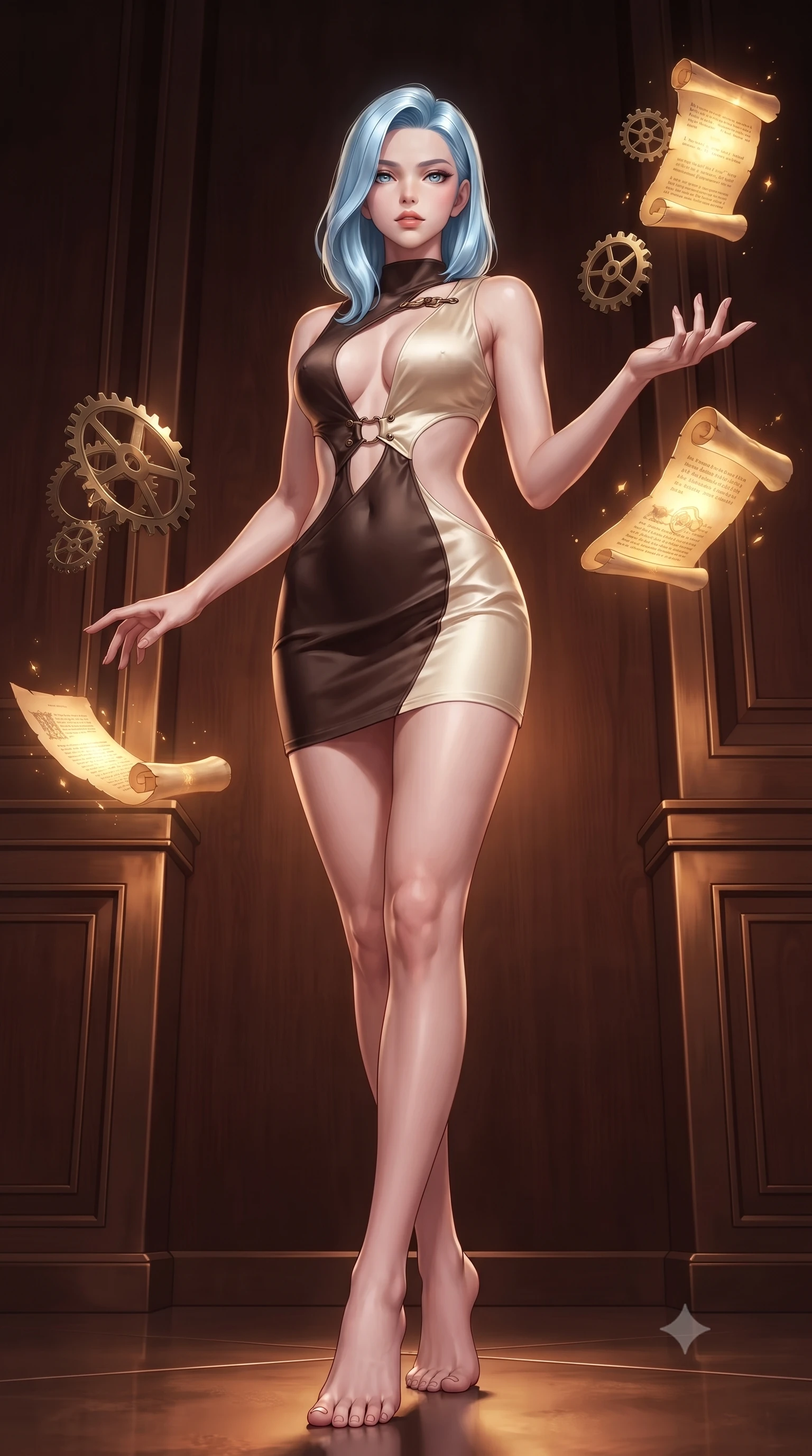 score_9, masterpiece, best quality, ultra-detailed, high-budget anime keyframe, editorial fashion photography, tasteful artistic composition, Korean woman. low angle full-body shot from head to toe showing her feet, filling the entire 9:16 vertical frame with her statuesque presence, stretching her vertical silhouette. interacting gracefully with the magical floating elements while maintaining a confident posture surrounded by floating antique brass gears and glowing golden parchment scrolls, rich mahogany and polished bronze textures reflecting warm hearth light. She has an absolutely perfect, statuesque 8.5-heads proportion, an exceptionally tall and slender model-like female figure with impossibly long slender legs and an ultra-slim waist. sharp v-shaped jawline, high-bridge nose, intricate jewel-like eyes with depth, thick eyelashes, glossy lips with a natural sheen. wearing a dramatic open-waist cutout mini dress framed by sculptural hardware in espresso brown and warm cream, crafted from smooth liquid silk, accented with a Tasteful chest slit framing her clavicle gracefully, the form-contouring material highlighting her ultra-slim waist and long lines. bathed in warm twilight amber backlighting and rich metallic specular glow. ultra-reflective glossy finish, specular highlights, metallic sheen, high-contrast stereoscopic depth, volumetric dynamic lighting, 2k, ultra detail, master piece, 9:16 ratio