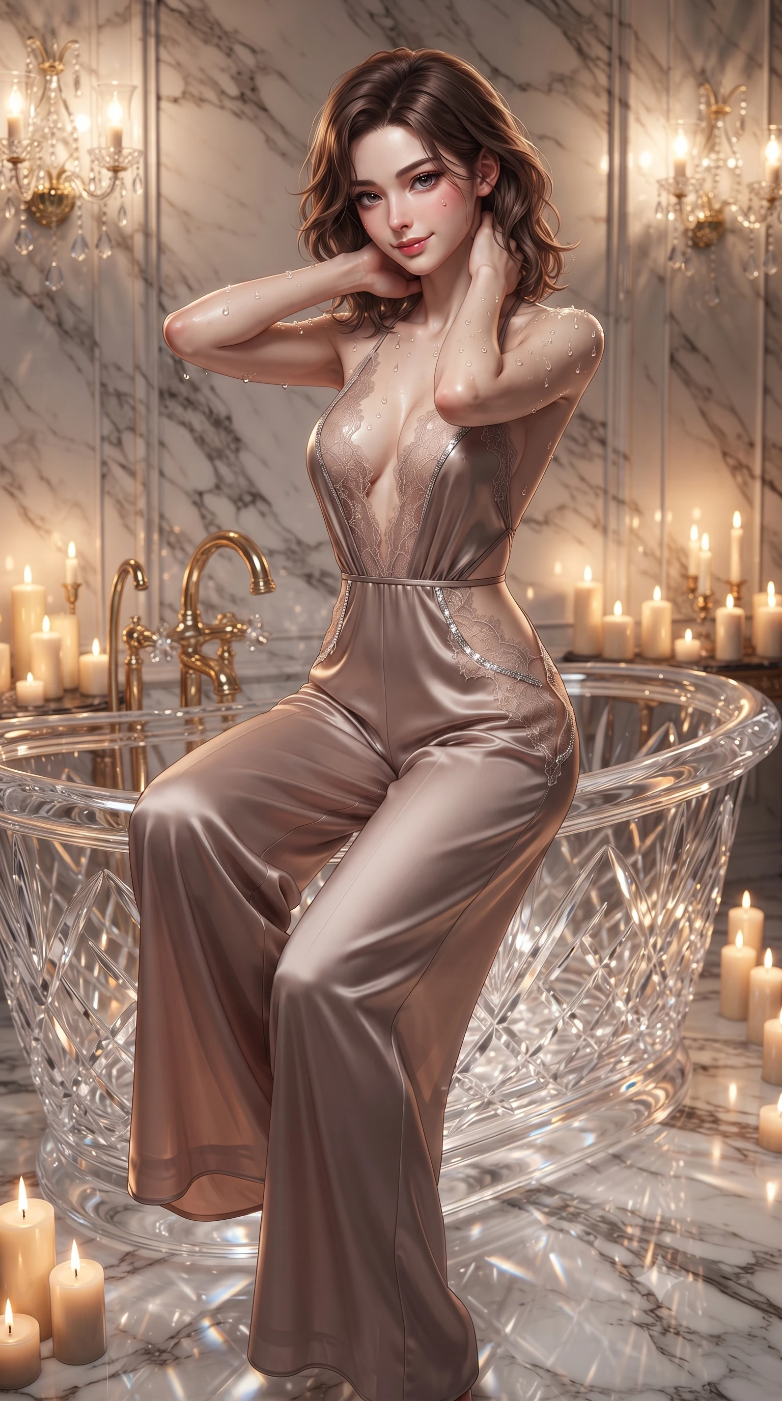 score_9, masterpiece, best quality, ultra-detailed, high-budget anime keyframe, editorial fashion photography, tasteful artistic composition, Korean woman. close-up cowboy shot from the waist and thighs up, the character dominates the composition, filling the frame with her large presence. resting both hands lightly behind her neck with elbows raised, arching her spine to highlight her narrow waist, flat midriff, and breathtaking collarbones while sitting poised on the rolled rim of the freestanding crystal bathtub with legs crossed, arching her spine with seductive wet-look boudoir grace. The surrounding environment is rendered in vivid detail and crisp panoramic clarity: sharp cut-crystal tub facet refractions, gilded swan-neck faucet details, and Calacatta marble slab veining in deep focus. She has an exceptionally elegant, slender, and willowy female figure with an ultra-slim waist, flat toned midriff, narrow ribcage, and sculpted feminine hips creating an alluring, slim hourglass silhouette without bulk. sharp v-shaped jawline, high-bridge nose, sparkling eyes with hypnotic seductive depth, thick curled eyelashes, glossy parted lips with a natural dewy peach sheen, alluring bedroom-eyes with an enchanting coquettish smile, exuding magnetic siren charisma and sophisticated glamour, flawlessly proportioned anatomical accuracy, strict slender model proportions, natural body alignment, perfectly sculpted long slender limbs, ultra-slim waistline, clean dynamic posture without body distortion. wearing a backless plunge-front silk satin jumpsuit with fluid wide-leg silhouette and side hip cutouts in sheer dusky champagne and glistening crystal trims, made of delicate semi-sheer French Chantilly lace with intricate eyelash edges, finished with glistening drops of pool water beading across her sculpted shoulders and collarbones, the precision-cut side openings and low-back scoop framing her graceful spine and the sensual sweep of her slim, toned hips. bathed in the flickering warmth of dozens of luxury beeswax candles and crystal wall sconces. ultra-reflective glossy finish, specular highlights, rich textural contrasts, high-contrast stereoscopic depth, volumetric dynamic lighting, 2k, ultra detail, master piece, 9:16 ratio