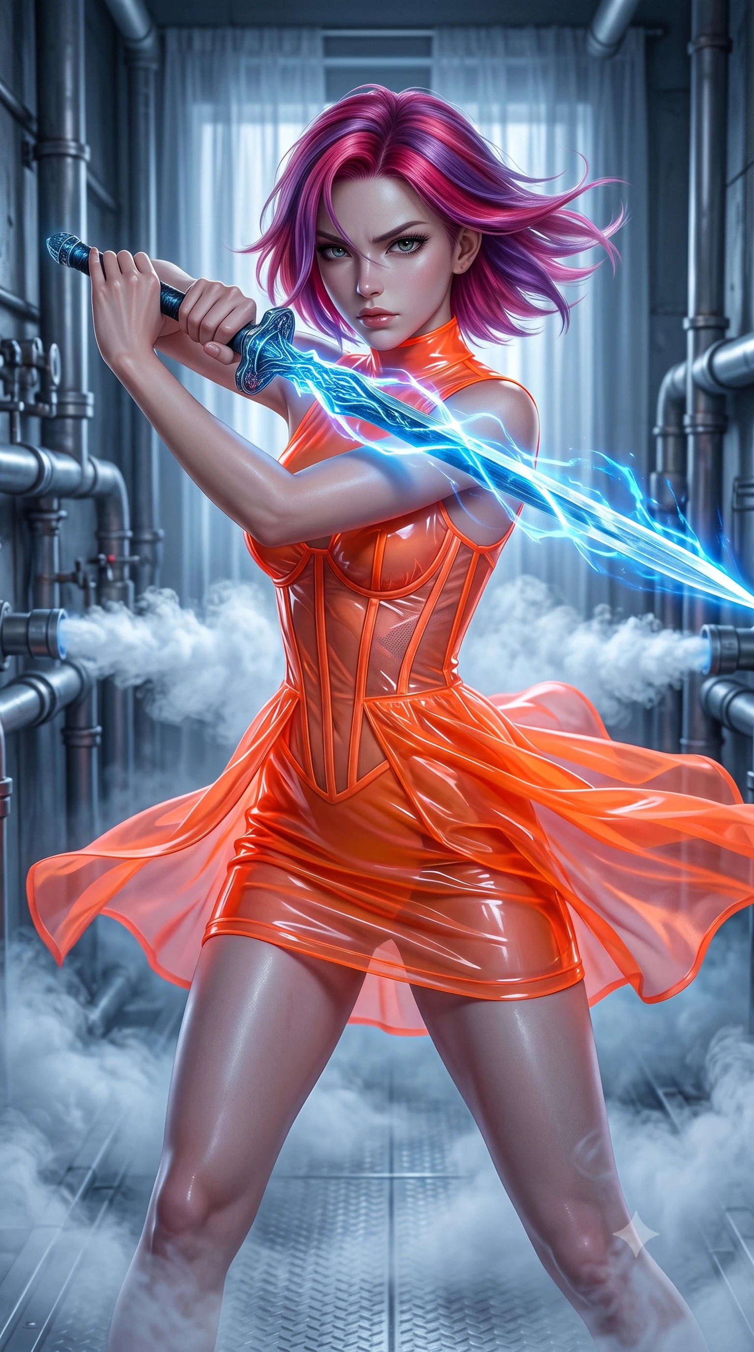 score_9, masterpiece, best quality, ultra-detailed, high-budget anime keyframe, editorial fashion photography, tasteful artistic composition, realistic cosplay photography, Caucasian woman, strictly human ears. close-up cowboy shot from the waist and thighs up, the character dominates the composition, filling the frame with her large presence, background elements kept in soft focus. Drawing a glowing sword with fierce determination and a sharp sidelong glare. set against a soft-focus background of a narrow corridor lined with pipes venting freezing nitrogen gas, creating a dense ice fog on the floor. She has an exceptionally elegant and slender, willowy female figure with an ultra-slim waist, a gracefully sculpted slender torso, and a refined slim physique. sharp v-shaped jawline, high-bridge nose, intricate jewel-like eyes with depth, thick eyelashes, glossy lips with a natural sheen. wearing the lightweight fabric rippling and billowing dramatically with her movement, a form-contouring wet-look transparent finish mini dress in neon orange, with a visible corset interior structure. cold silver moonlight filtered through translucent gossamer curtains casting delicate shadows. ultra-reflective glossy finish, specular highlights, metallic sheen, high-contrast stereoscopic depth, volumetric dynamic lighting, 2k, ultra detail, master piece, 9:16 ratio