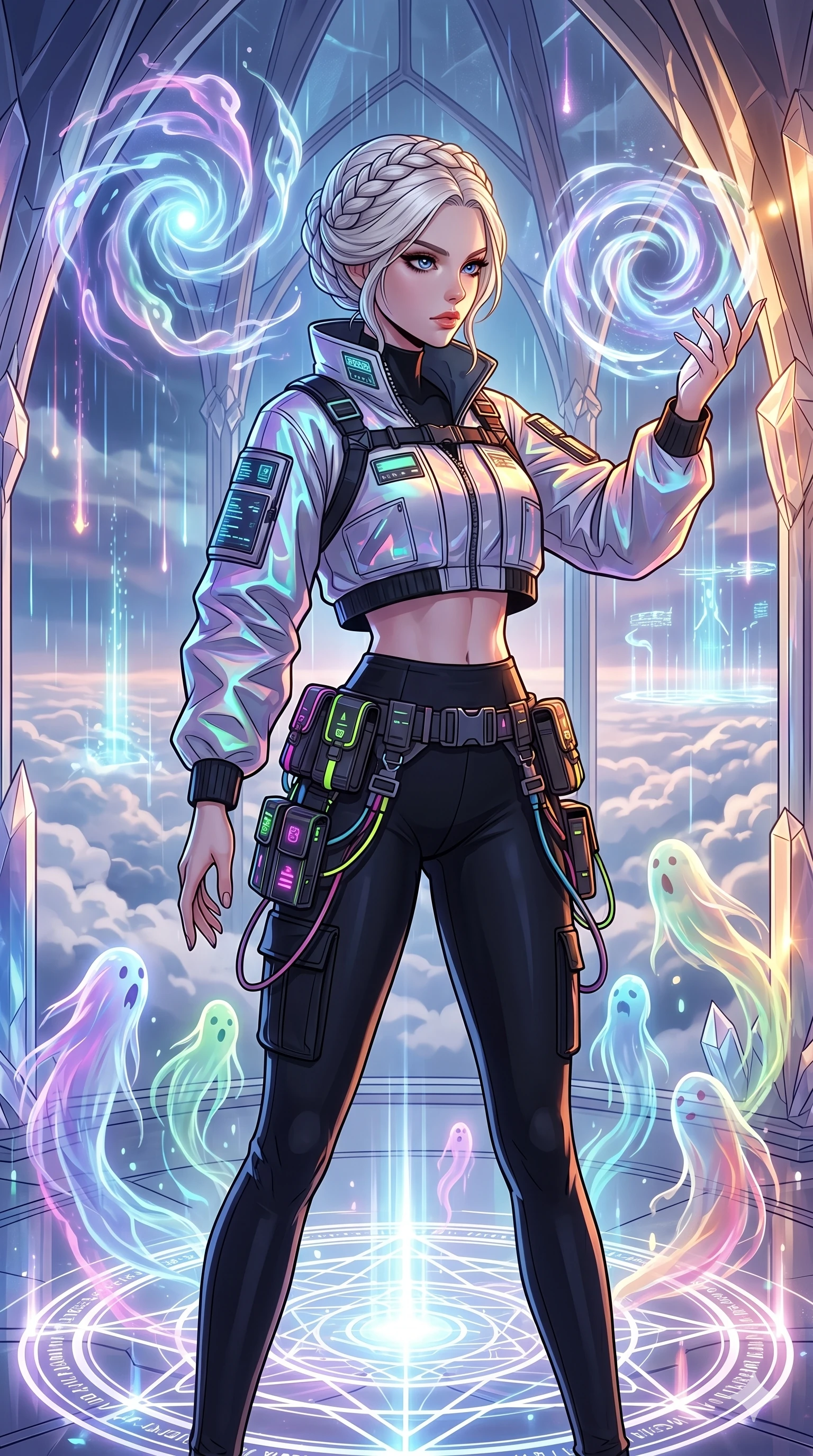 score_9, masterpiece, best quality, ultra-detailed, high-budget anime movie keyframe, cinematic anime lighting, intricate line art, Japanese woman. Upper body filling screen focusing on her alluring features and slim-fit silhouette. summoning mystical spirits in a crystal palace above the clouds with holographic rain. She has an absolutely perfect 8-heads proportion, an exceptionally tall and slender female figure with an ultra-slim waist and impossibly long slender legs. sharp v-shaped jawline, high-bridge nose, intricate jewel-like eyes, thick eyelashes, glossy lips. Wearing modern urban tech-wear ensemble with a cropped reflective bomber jacket, ultra-slim high-waisted cargo leggings, and tactical harness with neon-lit pouches. The scene is illuminated by dramatic atmospheric lighting and vibrant color palettes. , 2k, ultra detail, master piece, 9:16 ratio