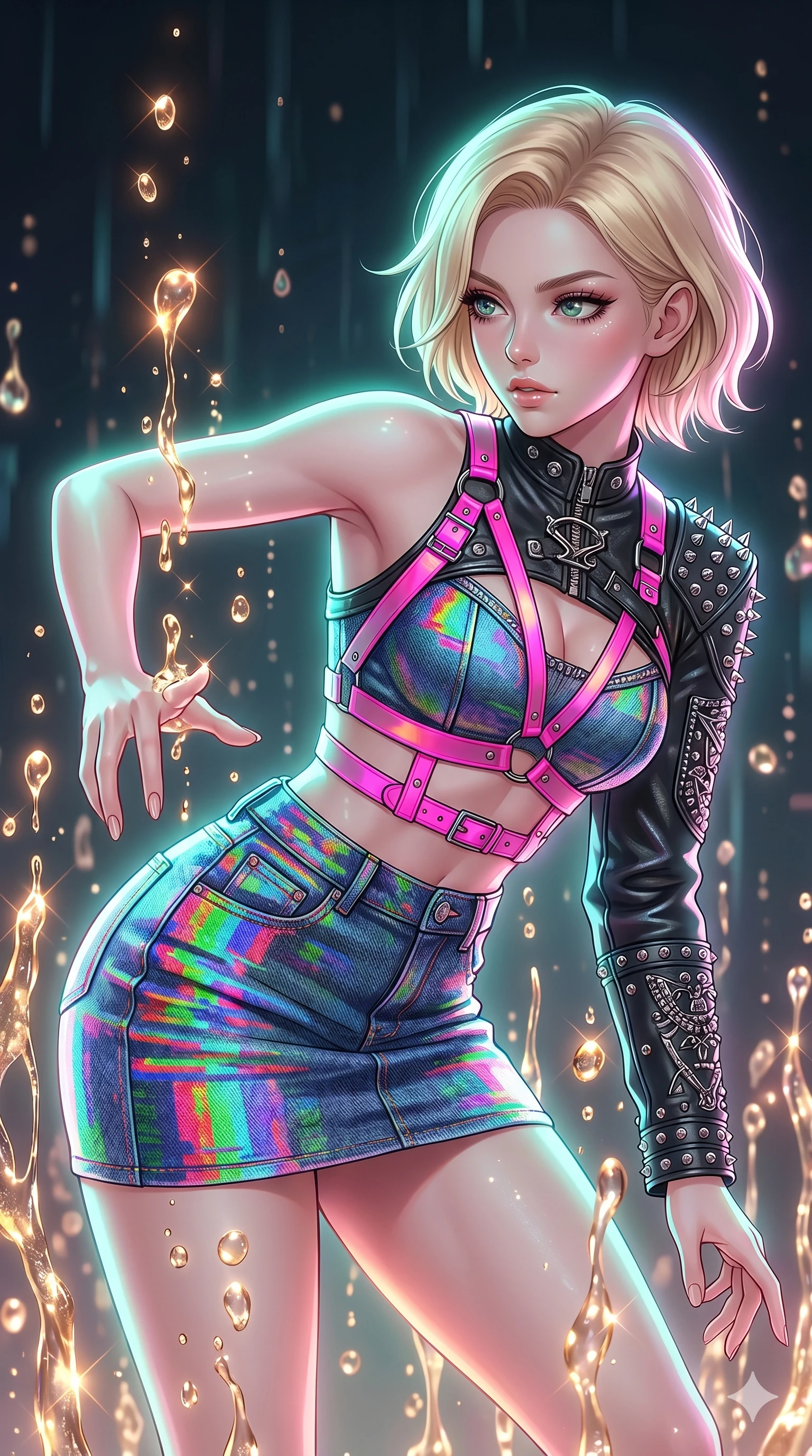 score_9, masterpiece, best quality, ultra-detailed, high-budget anime keyframe, Caucasian woman, strictly human ears. upper body close-up from the thighs up, character filling the screen for maximum presence. dodging ethereal liquid gold rain that rises upward from the ground in warm shimmering droplets under an inverted gravity field. She has an absolutely perfect 8-heads proportion, an exceptionally tall and slender female figure with impossibly long slender legs and an ultra-slim waist. V-shaped jawline, high-bridge nose, intricate jewel-like eyes with depth, thick eyelashes, glossy lips with a natural sheen.. wearing a glitch denim and studded leather outfit, featuring an RGB glitch pattern denim structured mini skirt, a single-sleeve cropped leather jacket, and neon pink harness straps. enhanced by a luminous pastel spectrum glow, casting elegant rim lights on her shoulders and jawline. 2k, ultra detail, master piece, 9:16 ratio