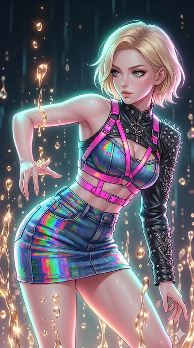 score_9, masterpiece, best quality, ultra-detailed, high-budget anime keyframe, Caucasian woman, strictly human ears. upper body close-up from the thighs up, character filling the screen for maximum presence. dodging ethereal liquid gold rain that ri