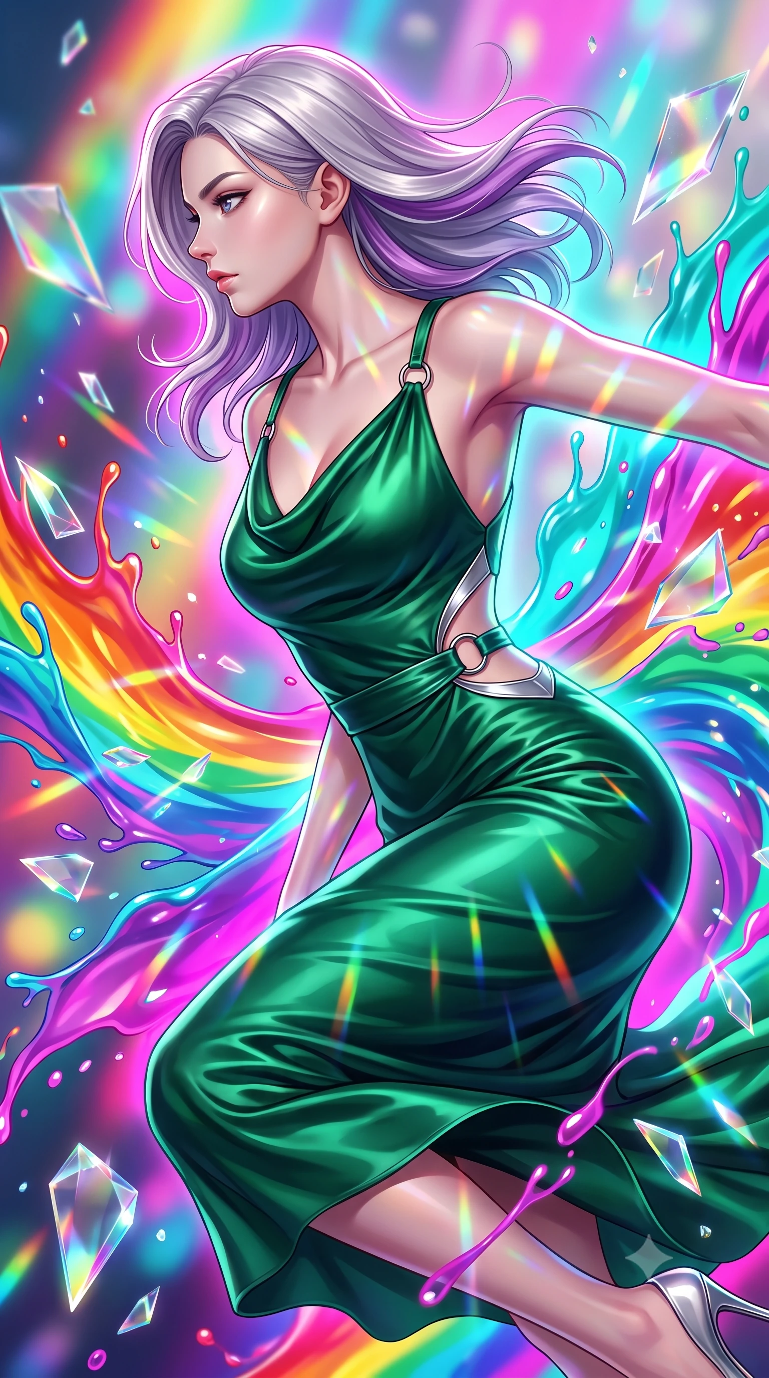 score_9, masterpiece, best quality, ultra-detailed, high-budget anime keyframe, editorial fashion photography, tasteful artistic composition, Caucasian woman. close-up cowboy shot from the waist and thighs up, the character dominates the composition, filling the frame with her large presence, background elements kept in soft focus. Turning her face in sharp profile while her upper body leans forward with poised athletic grace while performing a dynamic mid-air rotation amidst swirling rainbow liquid acrylic splashes, shattered glass prisms scattering intense rainbow light rays across her athletic build. She has an exceptionally elegant, slender, and willowy female figure with an ultra-slim waist, a gracefully sculpted slender torso, and a refined silhouette. sharp v-shaped jawline, high-bridge nose, intricate jewel-like eyes with depth, thick eyelashes, glossy lips with a natural sheen, flawlessly proportioned anatomical accuracy, natural body alignment, perfectly sculpted elegant limbs, clean dynamic posture without body distortion. wearing an elegant cowl-neck satin midi dress with a graceful draped neckline in deep emerald green and silver accent, crafted from lustrous satin jersey with fluid draping, accented with delicate chrome ring hardware framing her waist, the tailored fabric tightly following every curve of her athletic build. surrounded by a radiant aura of neon magenta and turquoise fluid highlights. highly saturated vibrant anime colors, detailed shading with soft gradients, rich glossy textures, high-contrast stereoscopic depth, volumetric dynamic lighting, master piece, 9:16 ratio