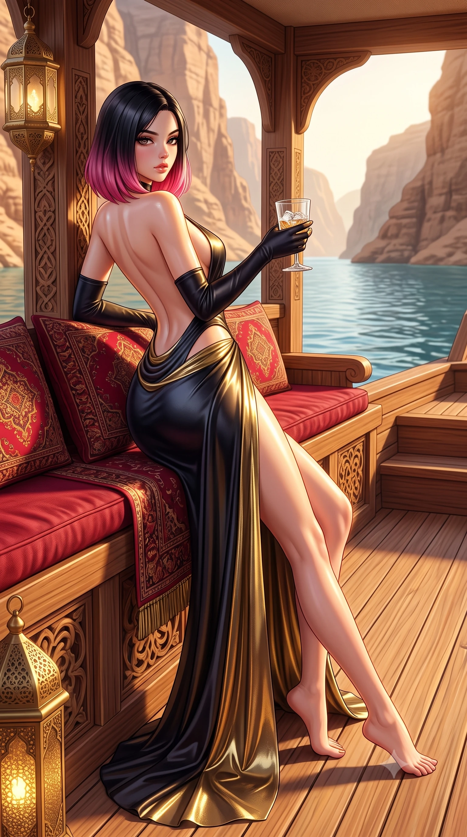score_9, masterpiece, best quality, ultra-detailed, high-budget anime keyframe, semi-realistic 3D game render, editorial fashion photography, tasteful artistic composition, Korean woman. low angle full-body shot from head to toe showing her feet, filling the entire 9:16 vertical frame with her statuesque presence, stretching her vertical silhouette. leaning deep against the structural architecture with hips cocked in an unapologetically bold, seductive high-fashion stance while reclining on rich crimson Persian cushions on the open teak deck of a luxury dhow cruising through towering desert fjord canyons. The surrounding environment is rendered in vivid detail and crisp panoramic clarity. detailed silk chiffon weave, brass lantern filigree, and calm sea water ripple clarity in high resolution. She has an exceptionally tall and slender model-like 8.5-heads proportion, an ultra-slim waist, a flat toned midriff, narrow delicate ribcage, and beautifully sculpted feminine hips creating a graceful, slim hourglass silhouette without any bulky heaviness, with impossibly long slender legs. sharp v-shaped jawline, high-bridge nose, intricate jewel-like eyes with depth, thick eyelashes, glossy parted lips with a natural sheen, intensely captivating and seductive bedroom-eyes expression, flawlessly proportioned anatomical accuracy, strict slender model proportions, natural body alignment, perfectly sculpted long slender limbs, ultra-slim waistline, clean dynamic posture without body distortion. wearing an open-back duchess satin gala gown with a dramatic hip-hugging drape and cascading trailing hem in midnight obsidian black and liquid gold, crafted from luxurious metallic lamé that shifts radiance with every step, accessorized with opera-length satin gloves and a vintage crystal glass, the precision-cut side openings and low-back scoop framing her graceful spine and the sensual sweep of her slim, toned hips. illuminated by intense golden specular reflections sculpting her bare collarbones, ultra-slim waist, and curvy hips. highly saturated vibrant anime colors, detailed shading with soft gradients, rich glossy textures, high-contrast stereoscopic depth, volumetric dynamic lighting, master piece, 9:16 ratio
