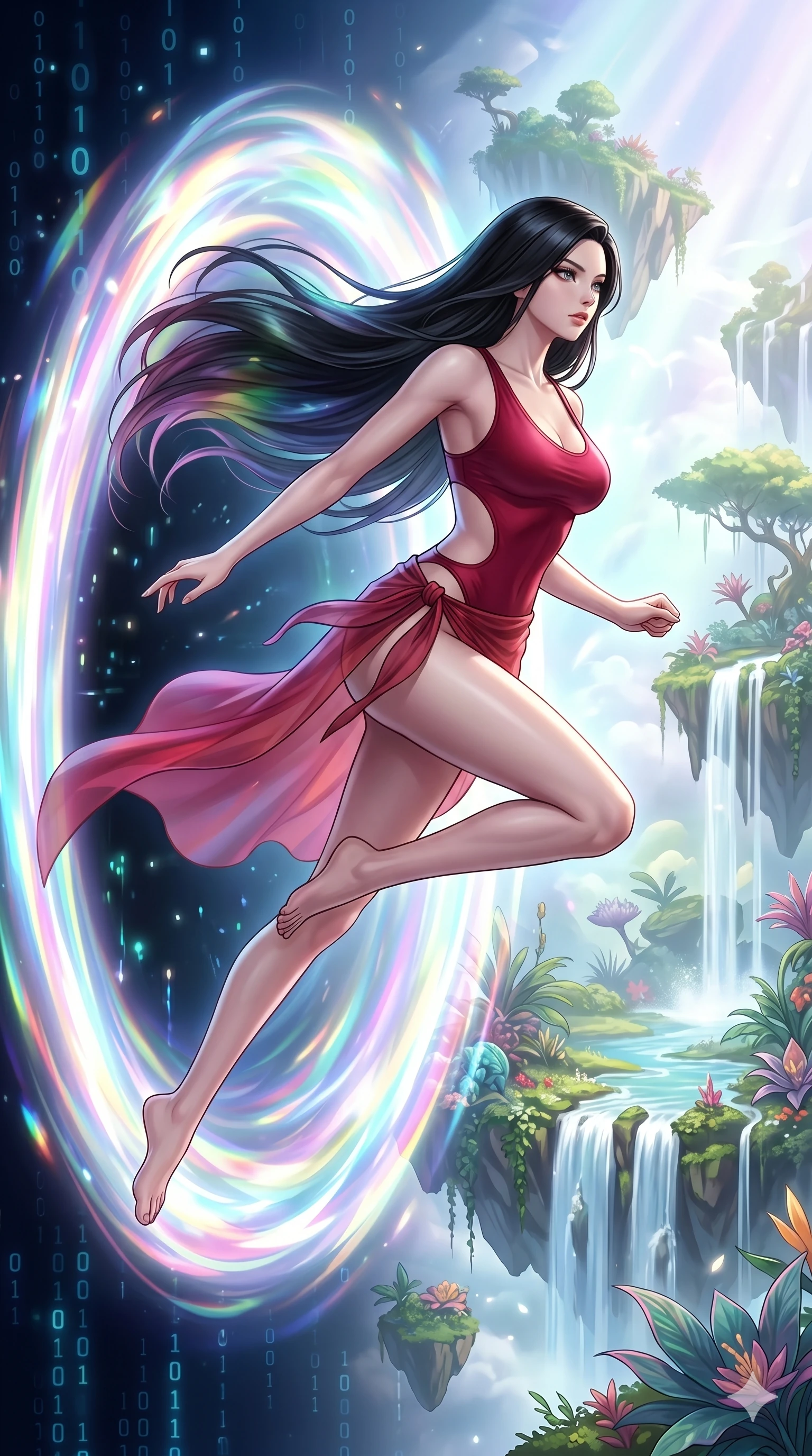score_9, masterpiece, best quality, ultra-detailed, High-budget Anime Keyframe, beautiful Korean anime girl. Low angle cowboy shot filling the entire 9:16 frame with her statuesque presence. Leaping through a portal of swirling prismatic light into a celestial garden. She has an absolutely perfect 8-heads proportion, an exceptionally tall and slender female figure with impossibly long slender legs and an ultra-slim waist. Sharp v-shaped jawline, high-bridge nose, intricate jewel-like eyes with depth, thick eyelashes, glossy lips with a natural sheen. Wearing a Seasonal/Resort outfit: crimson high-cut one-piece with a sheer silk sarong and strategic side cut-outs. Background is a bright and colorful transition between a digital void and a lush floating paradise with waterfalls. 2k, ultra detail, master piece, 9:16 ratio