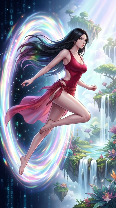 score_9, masterpiece, best quality, ultra-detailed, High-budget Anime Keyframe, beautiful Korean anime girl. Low angle cowboy shot filling the entire 9:16 frame with her statuesque presence. Leaping through a portal of swirling prismatic light into a