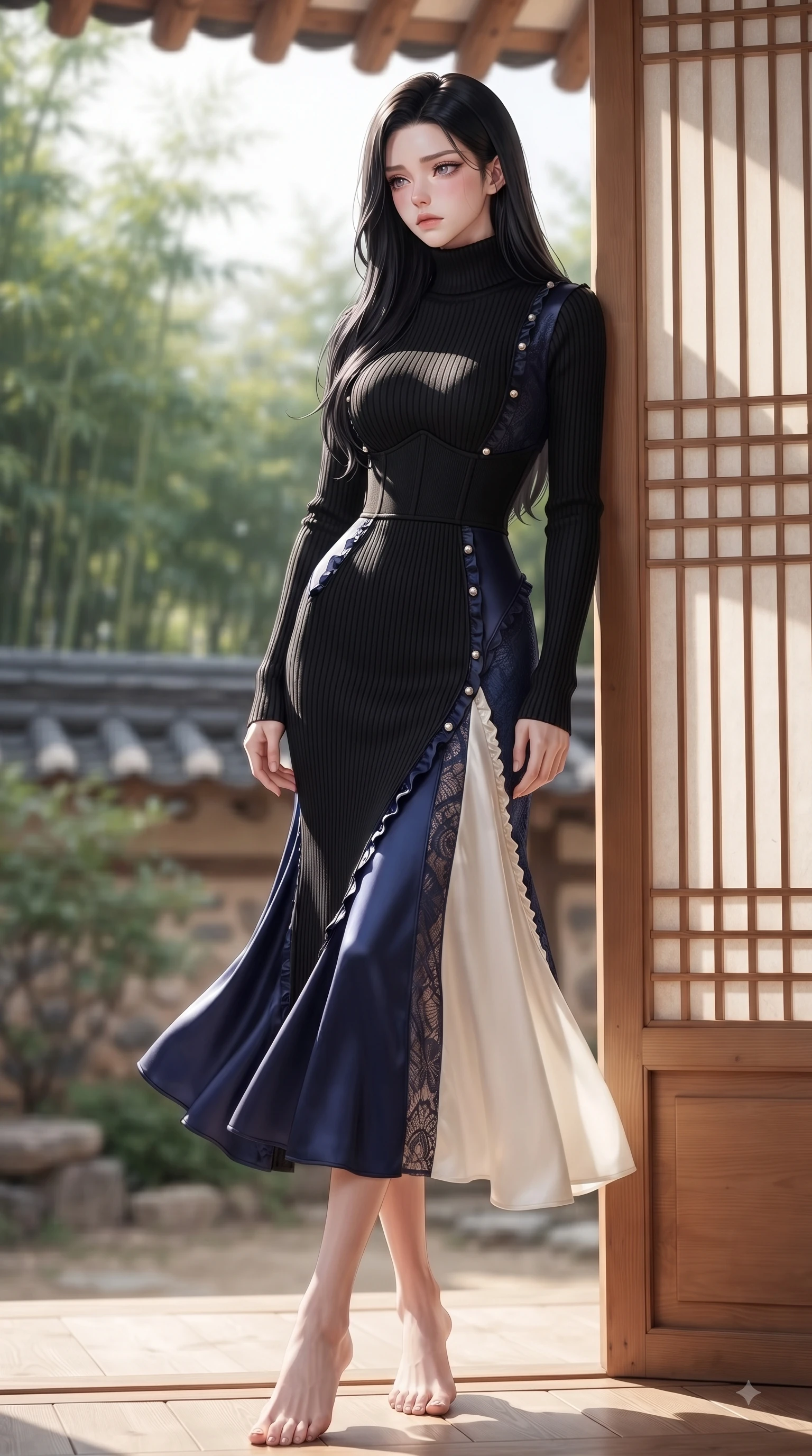 score_9, masterpiece, best quality, ultra-detailed, high-budget anime keyframe, editorial fashion photography, tasteful artistic composition, Korean woman. low angle full-body shot from head to toe showing her feet, filling the entire 9:16 vertical frame with her statuesque presence, stretching her vertical silhouette. Wistful sorrowful gaze looking distant with a delicate melancholy and emotional depth in her eyes while leaning against a sun-drenched paper screen door with a serene, magnetic pose. The composition keeps background elements in soft focus with dreamy bokeh. green bamboo groves and traditional clay roof tiles blurred into serene, soft bokeh. She has an absolutely perfect, statuesque 8.5-heads proportion, an exceptionally tall and slender model-like female figure with impossibly long slender legs and an ultra-slim waist. sharp v-shaped jawline, high-bridge nose, intricate jewel-like eyes with depth, thick eyelashes, glossy lips with a natural sheen, flawlessly proportioned anatomical accuracy, natural body alignment, perfectly sculpted elegant limbs, clean dynamic posture without body distortion. wearing a chic black ribbed turtleneck knit dress accentuating her slender waist in royal navy blue and pure ivory, made of fine lace weave and soft satin jersey, accented with delicate pearl buttons and refined ruffle trims, the fluid drape swaying gracefully with her dynamic editorial movement. surrounded by a serene, elegant, and heritage fashion editorial aura. ultra-reflective glossy finish, specular highlights, metallic sheen, high-contrast stereoscopic depth, volumetric dynamic lighting, 2k, ultra detail, master piece, 9:16 ratio