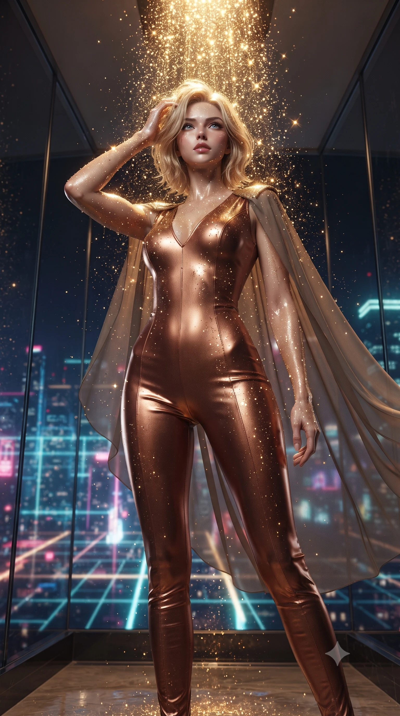 score_9, masterpiece, best quality, ultra-detailed, High-budget Anime Keyframe, editorial fashion photography, tasteful artistic composition, realistic cosplay photography, Caucasian woman, strictly human ears. Low angle cowboy shot filling the entire 9:16 frame with her statuesque presence. Scenario 487: showering under a cascade of glittering gold stardust inside a luxury penthouse with floor-to-ceiling glass walls overlooking a neon grid. Her presence is magnetic and overpowering in this high-budget cinematic scene. Outfit 487: a form-contouring metallic copper matte vinyl jumpsuit draped with a semi-transparent chiffon cape. The clothing is designed to emphasize her exceptionally tall and slender 8-heads proportion. 8-heads proportion, towering silhouette, ultra-slim waist. sharp v-shaped jawline, intricate jewel-like eyes with depth, thick eyelashes, glossy lips. ultra-reflective glossy finish, specular highlights, metallic sheen, high-contrast stereoscopic depth, volumetric dynamic lighting, 2k, ultra detail, master piece, 9:16 ratio