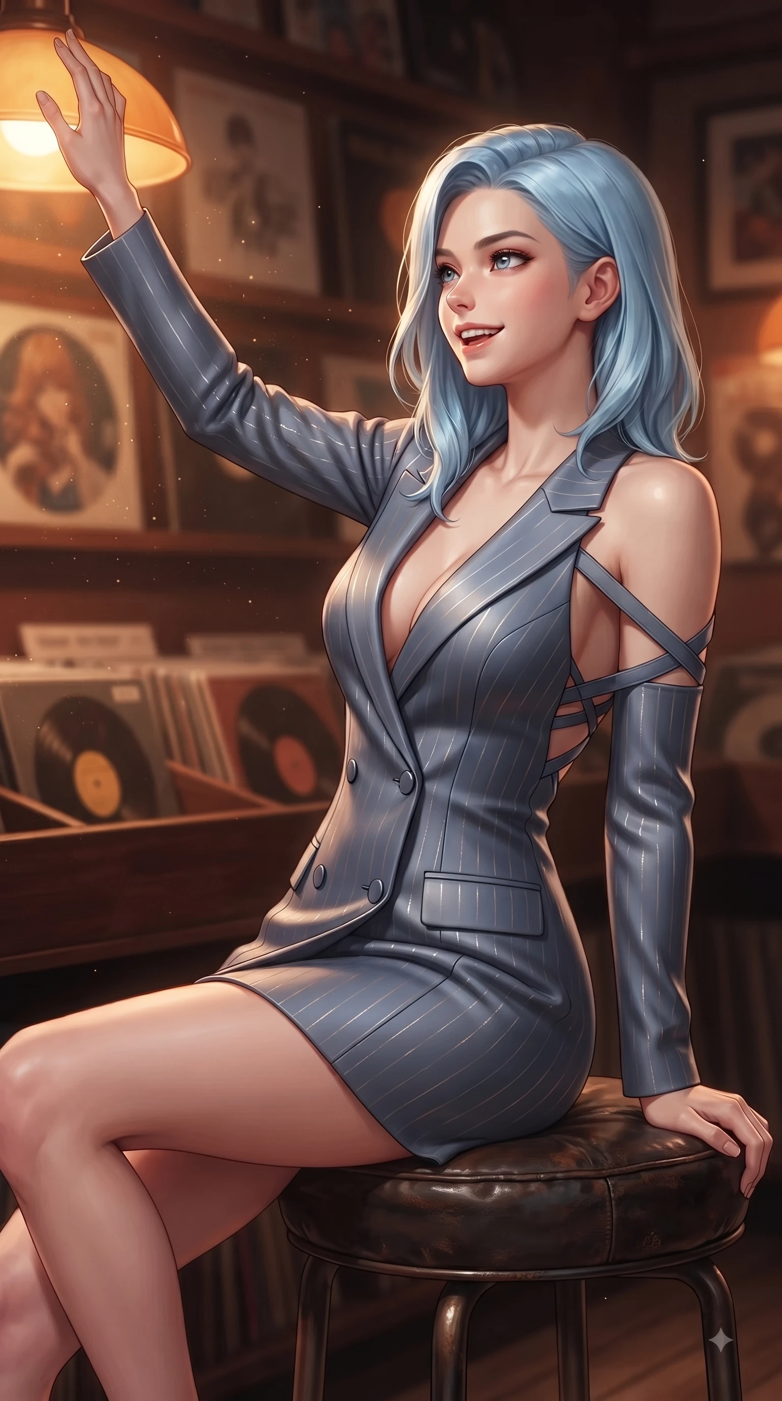 score_9, masterpiece, best quality, ultra-detailed, high-budget anime keyframe, editorial fashion photography, tasteful artistic composition, Korean woman. close-up cowboy shot from the waist and thighs up, the character dominates the composition, filling the frame with her large presence, background elements kept in soft focus. Extending one arm in an elegant stretch toward the light while smiling with vibrant, youthful self-assurance while resting on a leather stool under warm amber record store lamps with a cozy joyful grin, soft record store dust sparkling gracefully in warm directional spotlights. She has an exceptionally elegant, slender, and willowy female figure with an ultra-slim waist, a gracefully sculpted slender torso, and a refined silhouette. sharp v-shaped jawline, high-bridge nose, intricate jewel-like eyes with depth, thick eyelashes, glossy lips with a natural sheen, flawlessly proportioned anatomical accuracy, natural body alignment, perfectly sculpted elegant limbs, clean dynamic posture without body distortion. wearing a double-breasted blazer dress with subtle metallic pin-stripes in slate blue and metallic silver, formed from sleek second-skin neoprene, complemented by criss-cross back straps highlighting her bare shoulders, the elegant draped fit framing her graceful clavicle and slender torso. illuminated by cozy directional spotlights and rich mahogany reflections. ultra-reflective glossy finish, specular highlights, metallic sheen, high-contrast stereoscopic depth, volumetric dynamic lighting, 2k, ultra detail, master piece, 9:16 ratio