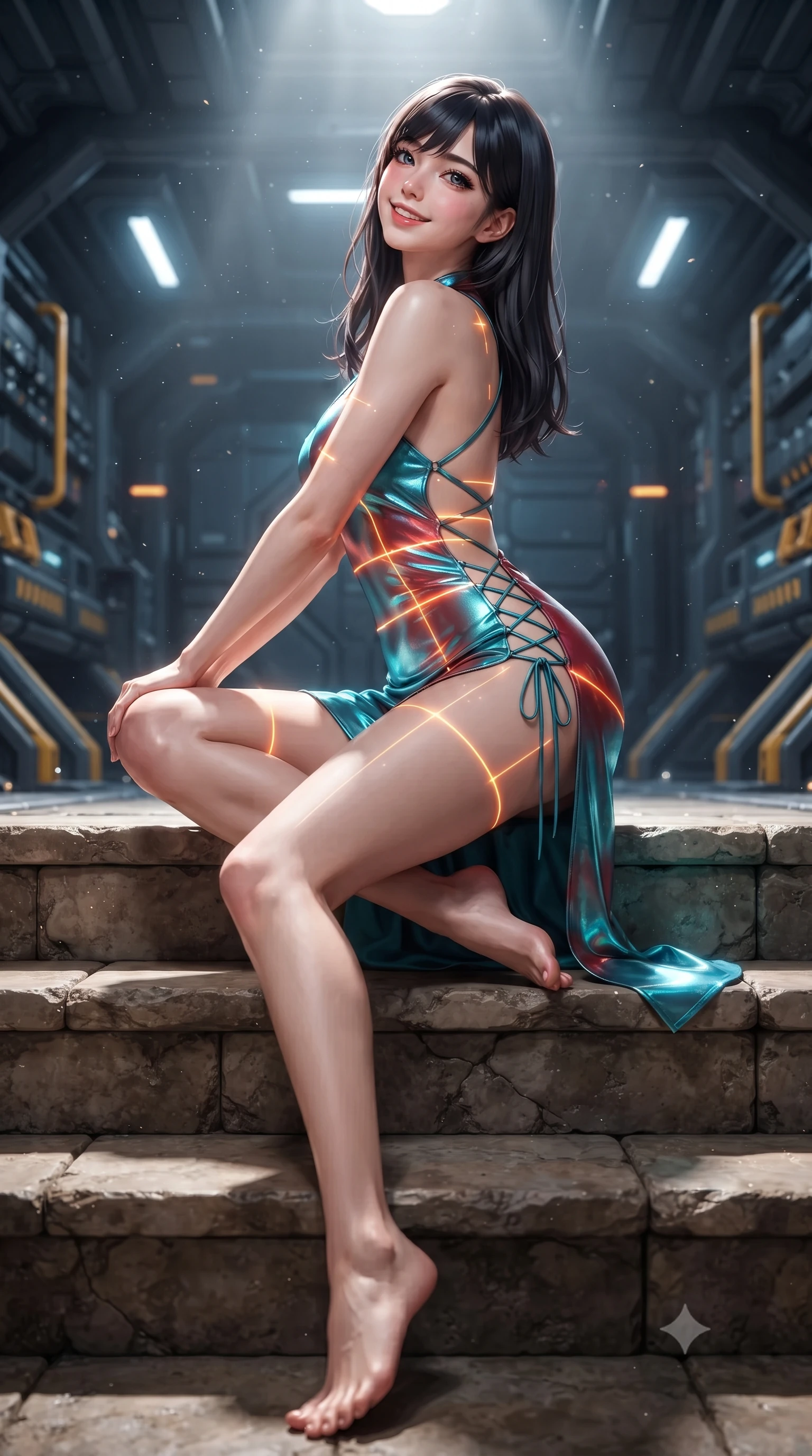score_9, masterpiece, best quality, ultra-detailed, high-budget anime keyframe, editorial fashion photography, tasteful artistic composition, Caucasian woman. low angle full-body shot from head to toe showing her feet, filling the entire 9:16 vertical frame with her statuesque presence, stretching her vertical silhouette. sitting poised on the stone steps with one knee bent, arching her spine with supermodel elegance as she glances upward through thick eyelashes while twisting her slender torso in an alluring S-curve, glowing amber diagnostic lasers and starlight painting sensual light ribbons across her flat midriff and hips. The surrounding environment is rendered in vivid detail and crisp panoramic clarity: sharp tungsten-carbide sabot penetrator tips, yellow magnetic lock indicators, and heavy carbon-fiber rack bulkheads in deep focus. She has an exceptionally tall and slender model-like 8.5-heads proportion, an ultra-slim waist, a flat toned midriff, narrow delicate ribcage, and beautifully sculpted feminine hips creating a graceful, slim hourglass silhouette without any bulky heaviness, with impossibly long slender legs. sharp v-shaped jawline, high-bridge nose, intricate jewel-like sparkling eyes with depth, thick eyelashes, glossy parted lips with a natural peach sheen, bright cheerful beaming smile with an enchanting and coquettish sensual glint, exuding both youthful cute charm and seductive allure, flawlessly proportioned anatomical accuracy, strict slender model proportions, natural body alignment, perfectly sculpted long slender limbs, ultra-slim waistline, clean dynamic posture without body distortion. wearing a backless liquid foil flight mini dress with criss-cross spinal straps and daring high side slit in cyber-shinto vermilion and laser turquoise, crafted from bespoke double-faced cashmere with an exceptionally soft tactile finish, featuring fine criss-cross lace-up side ties revealing tantalizing glimpses of her hip curve, the glove-like clinging cut tightly following the natural contour of her hips and long slender legs with youthful 8.5-heads elegance. bathed in crisp white 5000K inspection spotlights combined with glowing amber laser alignment grids. ultra-reflective glossy finish, specular highlights, rich textural contrasts, high-contrast stereoscopic depth, volumetric dynamic lighting, 2k, ultra detail, master piece, 9:16 ratio