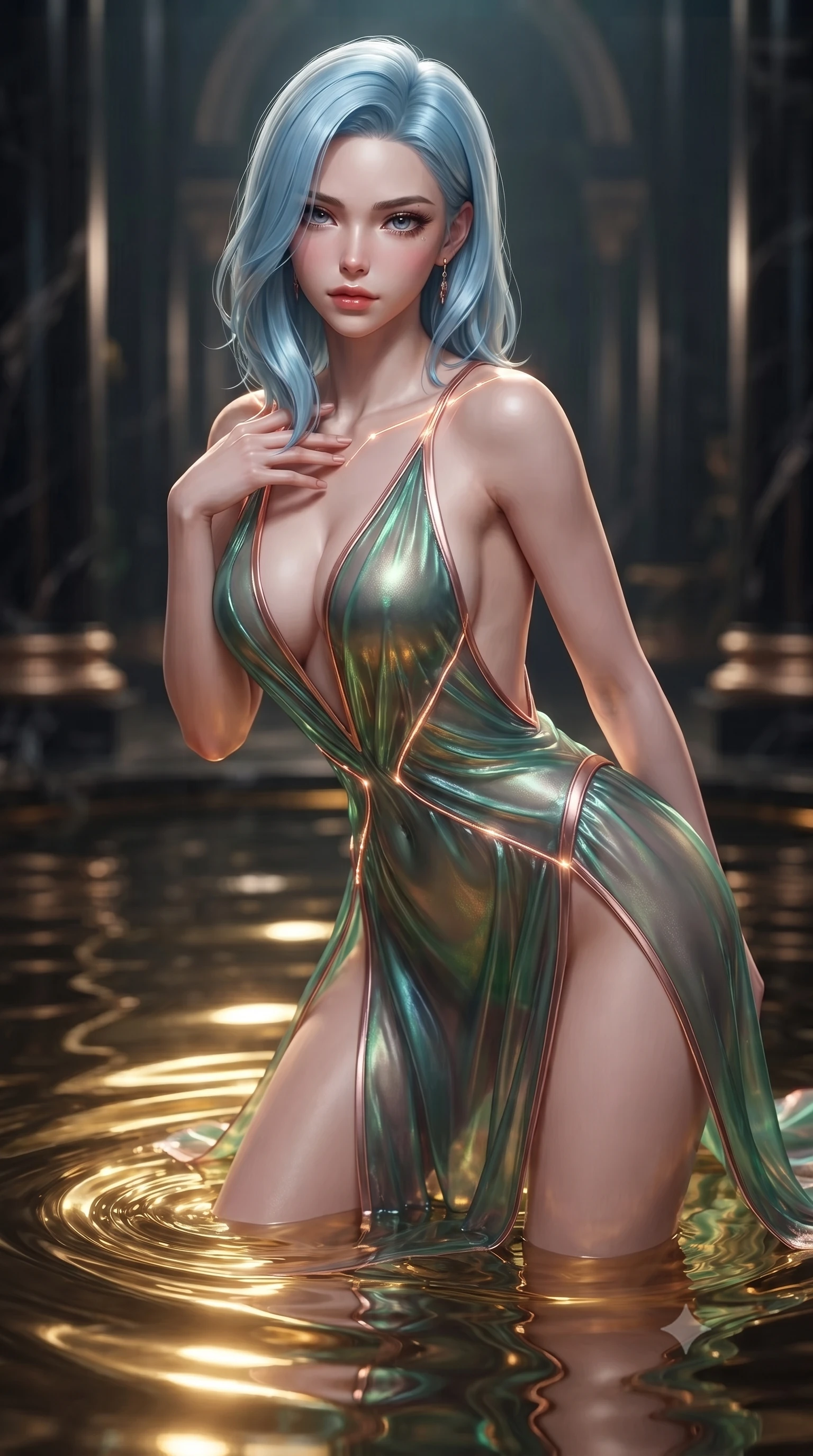 score_9, masterpiece, best quality, ultra-detailed, high-budget anime keyframe, editorial fashion photography, tasteful artistic composition, Korean woman. close-up cowboy shot from the waist and thighs up, the character dominates the composition, filling the frame with her large presence. leaning forward with a dangerous, enticing smolder, resting one hand near her collarbone while casting a fiery, magnetic direct gaze while partially submerged in a high-tech obsidian pool filled with glowing liquid gold. The composition keeps background elements in soft focus with creamy bokeh. glowing gold liquid ripples and dark obsidian columns blurred into creamy, high-contrast background bokeh. She has an exceptionally elegant, slender, and willowy female figure with an ultra-slim waist, a gracefully sculpted slender torso, and a refined silhouette. sharp v-shaped jawline, high-bridge nose, intricate jewel-like eyes with depth, thick eyelashes, glossy lips with a natural sheen, flawlessly proportioned anatomical accuracy, natural body alignment, perfectly sculpted elegant limbs, clean dynamic posture without body distortion. wearing a translucent iridescent chiffon gown with a plunging neckline, high dual thigh slits, and an open back in emerald green and metallic rose gold trim, made of liquid metal jersey that clings flawlessly to every contour of her build, accented with glowing fiber-optic seams tracing her collarbones and hip curves, the sleek aerodynamic cut emphasizing her magnetic presence and alluring physical grace. surrounded by a mysterious, opulent, and dangerously sensual sanctuary atmosphere. ultra-reflective glossy finish, specular highlights, metallic sheen, high-contrast stereoscopic depth, volumetric dynamic lighting, 2k, ultra detail, master piece, 9:16 ratio