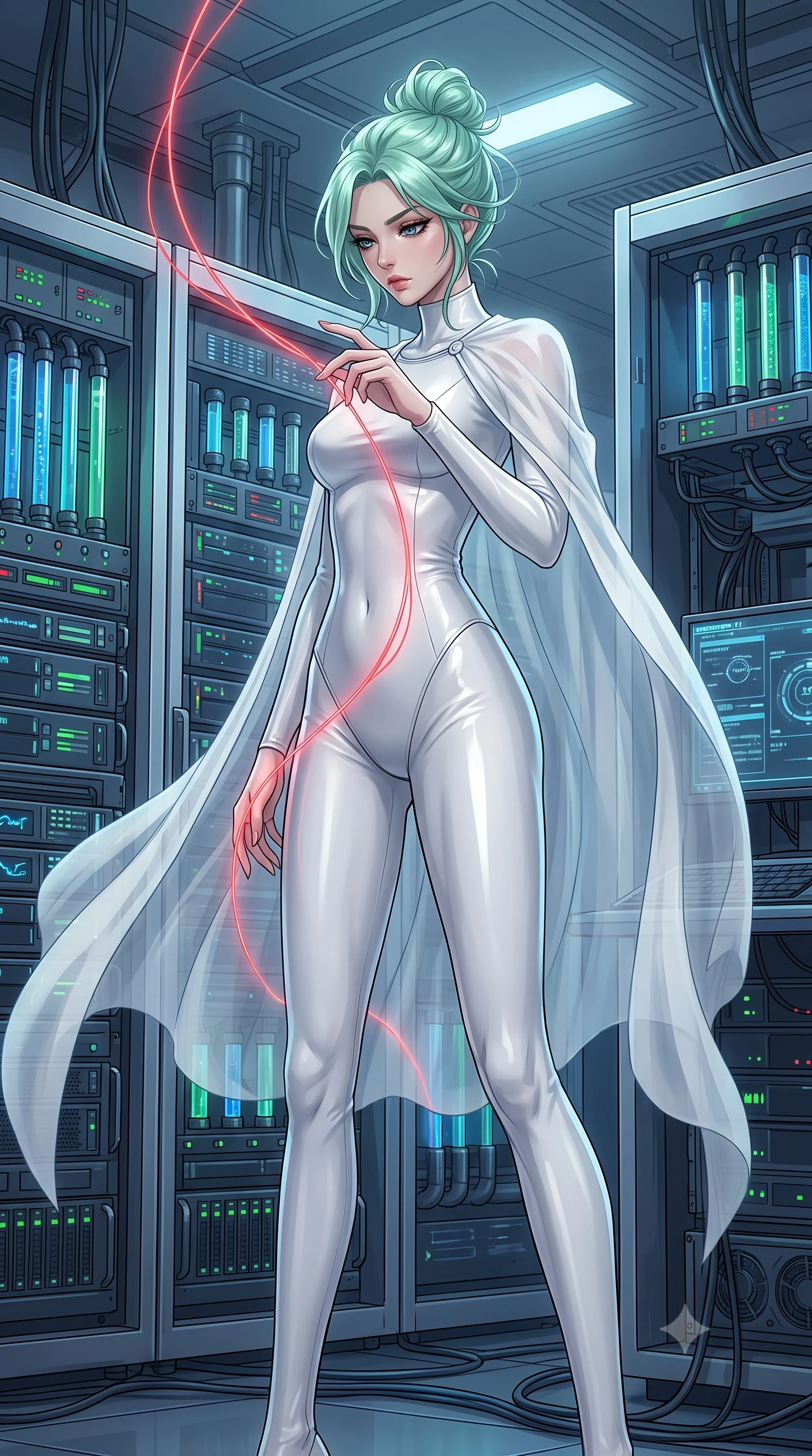 score_9, masterpiece, best quality, ultra-detailed, High-budget Anime Keyframe, East Asian woman. Dynamic full-body shot stretching the vertical silhouette to the limit. Scenario 522: tracing a glowing red thread of fate with her fingers in a high-tech laboratory with rows of water-cooled server racks. Her presence is magnetic and overpowering in this high-budget anime scene. Outfit 522: a body-hugging pearl white matte vinyl catsuit draped with a semi-transparent chiffon cape. The clothing is designed to emphasize her exceptionally tall and slender 8-heads proportion. 8-heads proportion, towering silhouette, ultra-slim waist. sharp v-shaped jawline, intricate jewel-like eyes with depth, thick eyelashes, glossy lips. 2k, ultra detail, master piece, 9:16 ratio