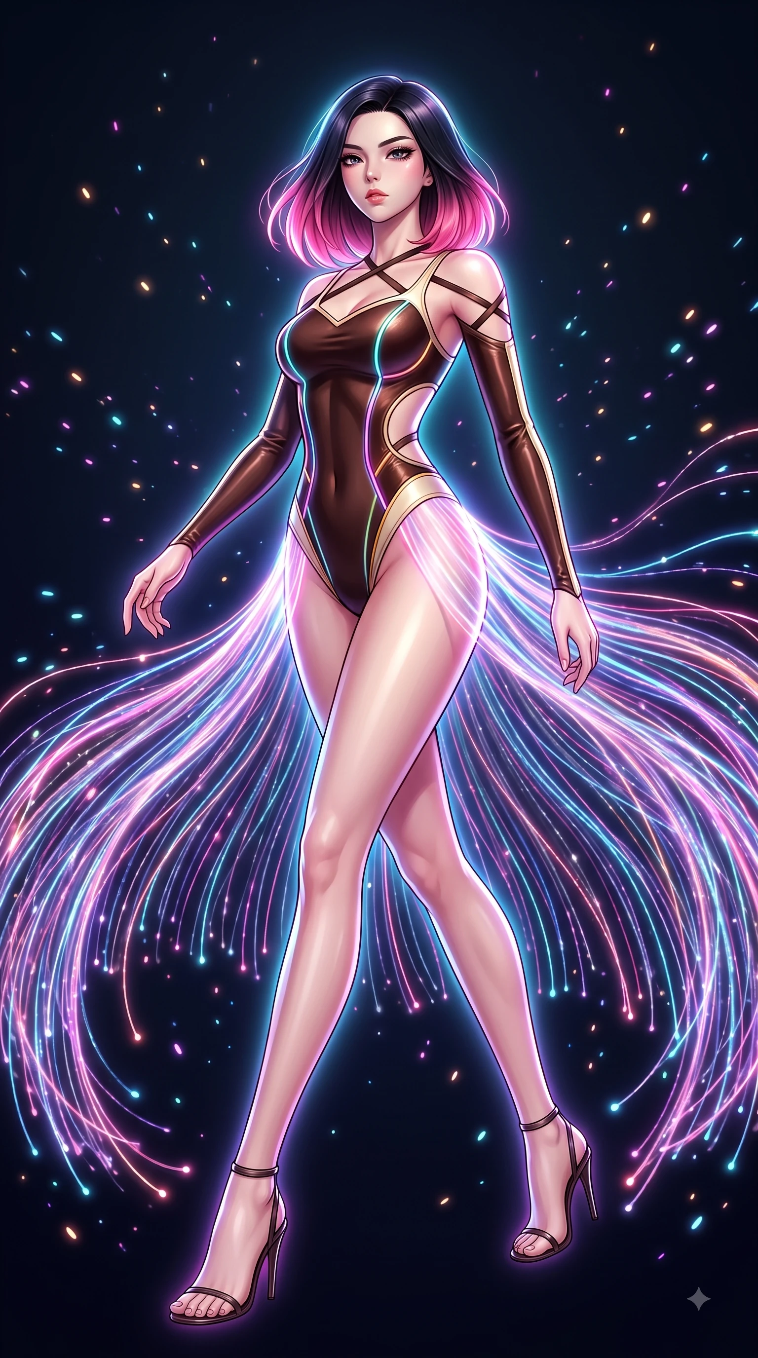 score_9, masterpiece, best quality, ultra-detailed, high-budget anime keyframe, editorial fashion photography, tasteful artistic composition, Korean woman. low angle full-body shot from head to toe showing her feet, filling the entire 9:16 vertical frame with her statuesque presence, stretching her vertical silhouette. forging dynamically through the scene with her long slender legs and ultra-slim waist creating a sweeping curve while weaving a shimmering dress of light threads that flow around her figure in zero-gravity, glowing fiber optic motes drifting like fireflies in the dark background. She has an absolutely perfect, statuesque 8.5-heads proportion, an exceptionally tall and slender model-like female figure with impossibly long slender legs and an ultra-slim waist. sharp v-shaped jawline, high-bridge nose, intricate jewel-like eyes with depth, thick eyelashes, glossy lips with a natural sheen, flawlessly proportioned anatomical accuracy, natural body alignment, perfectly sculpted elegant limbs, clean dynamic posture without body distortion. wearing a skin-tight cybernetic bodysuit with glowing neon seams and side cutouts in espresso brown and warm cream, made of premium stretch velvet with a rich sheen, complemented by criss-cross back straps highlighting her bare shoulders, the glove-like fit emphasizing her statuesque silhouette during motion. surrounded by a vibrant fluorescent aura with bright specular rim lights. highly saturated vibrant anime colors, detailed shading with soft gradients, rich glossy textures, high-contrast stereoscopic depth, volumetric dynamic lighting, master piece, 9:16 ratio