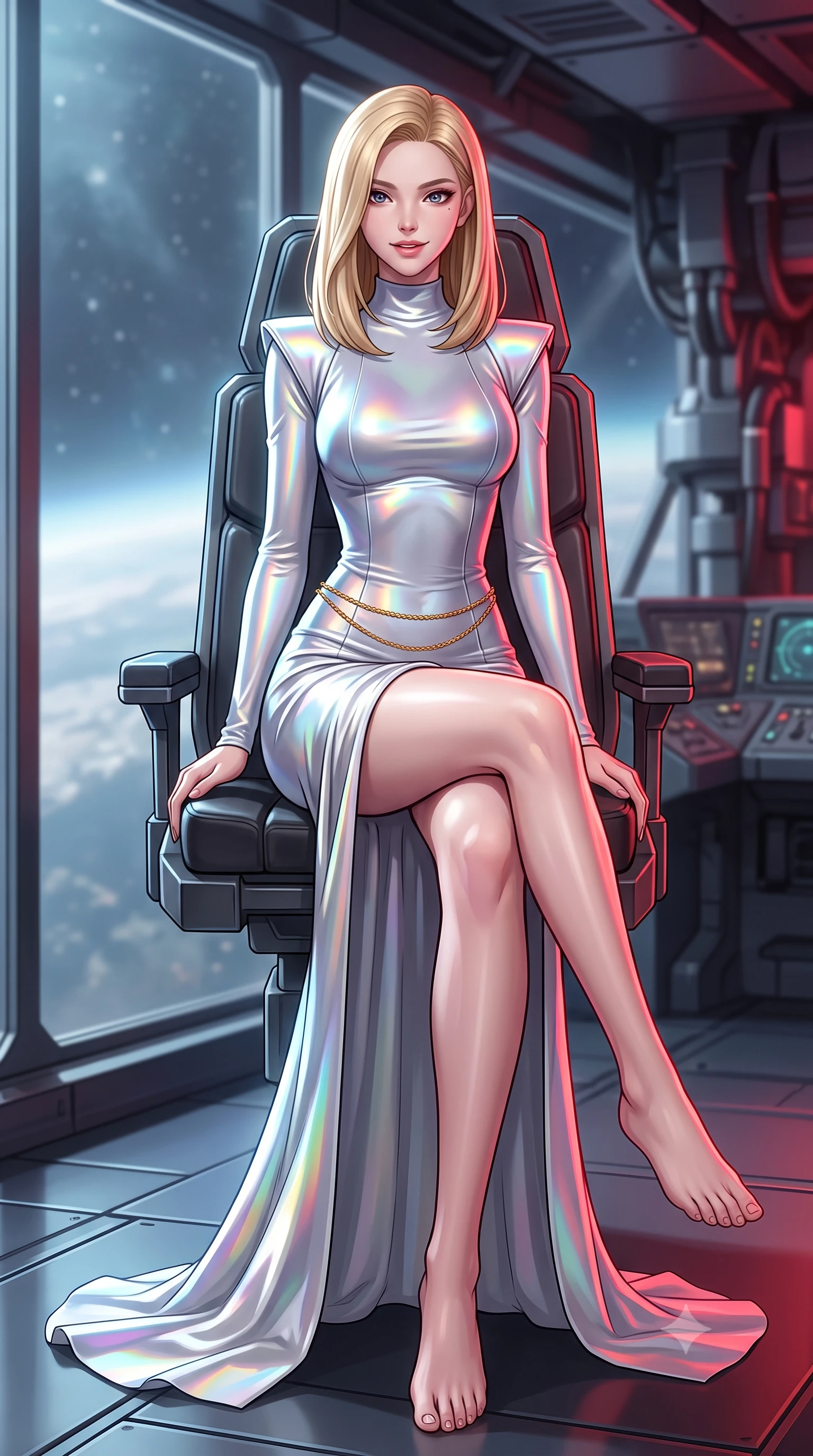 score_9, masterpiece, best quality, ultra-detailed, high-budget anime keyframe, semi-realistic 3D game render, editorial fashion photography, tasteful artistic composition, Korean woman. low angle full-body shot from head to toe showing her feet, filling the entire 9:16 vertical frame with her statuesque presence, stretching her vertical silhouette. posing in a classic haute-couture S-curve stance beside the floor-to-ceiling window, looking over a bare shoulder with magnetic presence while sitting gracefully on the heavy steel gunner seat with legs crossed, flashing a playful, coquettish smile with parted glossy lips. The background shows a soft-focus cool atmospheric particulate haze softened in orbital warship battery bridge shallow focus. She has an exceptionally tall and slender model-like 8.5-heads proportion, an ultra-slim waist, a flat toned midriff, narrow delicate ribcage, and beautifully sculpted feminine hips creating a graceful, slim hourglass silhouette without any bulky heaviness, with impossibly long slender legs. sharp v-shaped jawline, high-bridge nose, intricate jewel-like sparkling eyes with depth, thick eyelashes, glossy parted lips with a natural peach sheen, bright cheerful beaming smile with an enchanting and coquettish sensual glint, exuding both youthful cute charm and seductive allure, flawlessly proportioned anatomical accuracy, strict slender model proportions, natural body alignment, perfectly sculpted long slender limbs, ultra-slim waistline, clean dynamic posture without body distortion. wearing a body-hugging liquid mercury jersey combat gown with high mock neck and structured shoulder pads clinging flawlessly to her silhouette in solar-sail rainbow diffraction and titanium white, made of fluid liquid jersey with seamless sculpting hold and smooth contours, accented with a dainty gold belly chain resting across her flat midriff and curving hips, the impeccably tailored cut draping gracefully along her slender figure with aristocratic poise. illuminated by gun deck reflection bounce and sharp ruby-red rim lights defining her jawline, narrow waist, and curvy hips. highly saturated vibrant anime colors, detailed shading with soft gradients, rich glossy textures, high-contrast stereoscopic depth, volumetric dynamic lighting, master piece, 9:16 ratio