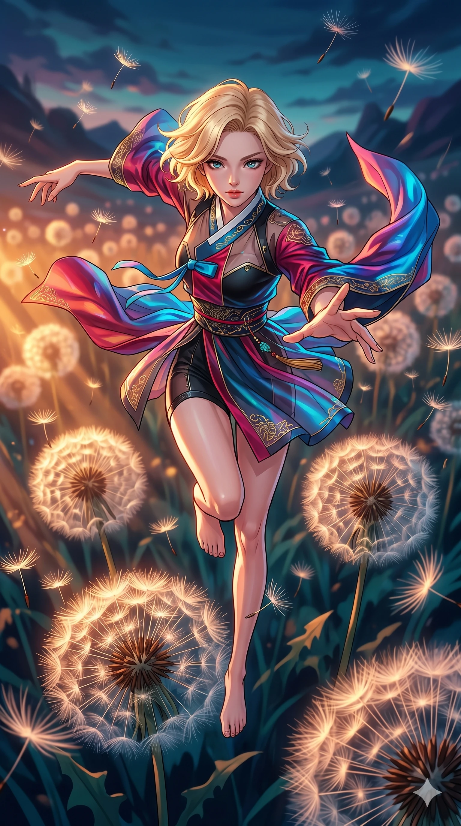 score_9, masterpiece, best quality, ultra-detailed, high-budget anime movie keyframe, cinematic anime lighting, intricate line art, Japanese woman. Extreme high angle shot as she leaps towards the camera, filling the frame. twisting through a field of giant dandelions, their seeds floating away. She has an absolutely perfect 8-heads proportion, an exceptionally tall and slender female figure with graceful and slender proportions. strictly human anatomy, two legs only, no extra limbs, clearly defined legs and arms, perfect anatomy, perfect hands and fingers. sharp v-shaped jawline, high-bridge nose, intricate jewel-like eyes, thick eyelashes, glossy lips. Wearing Modern Traditional: Shortened cyber-hanbok with fusion silk robes and transparent panels. The scene is illuminated by dramatic atmospheric lighting and vibrant color palettes. , 2k, ultra detail, master piece, 9:16 ratio
