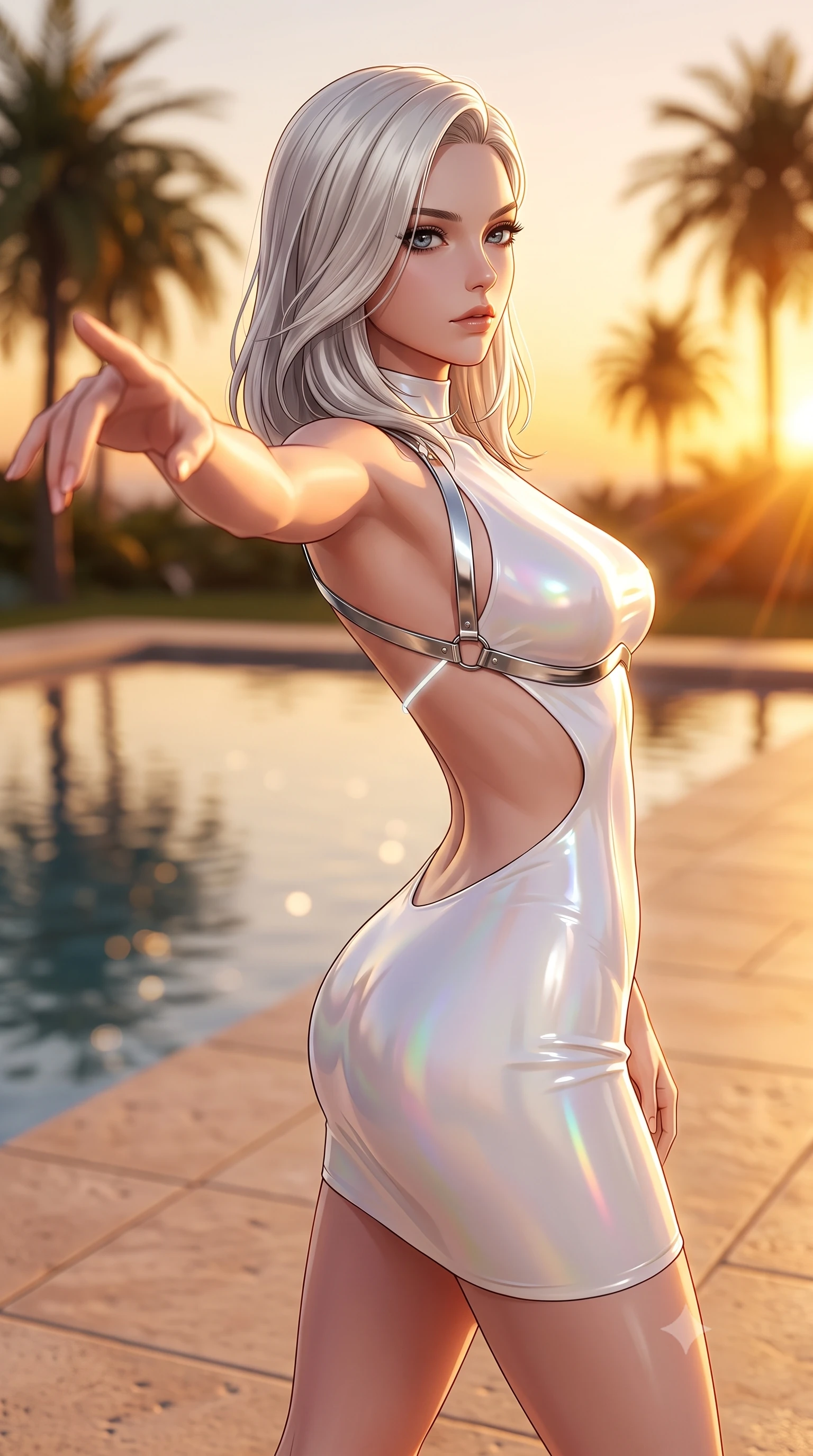 score_9, masterpiece, best quality, ultra-detailed, high-budget anime keyframe, semi-realistic 3D game render, editorial fashion photography, tasteful artistic composition, Caucasian woman. close-up cowboy shot from the waist and thighs up, the character dominates the composition, filling the frame with her large presence. extending one arm gracefully toward the light while her torso arches in a sleek, alluring curve with magnetic intensity while pivoting gracefully on warm limestone terrace tiles as golden sunset rays paint the palm trees in rich amber. The composition keeps background elements in soft focus with creamy bokeh. modern limestone villa facades and reflecting pool waters softened in dreamy shallow focus. She has an exceptionally elegant, slender, and willowy female figure with an ultra-slim waist, a gracefully sculpted slender torso, toned flat midriff, and a refined slim silhouette. sharp v-shaped jawline, high-bridge nose, intricate jewel-like eyes with depth, thick eyelashes, glossy lips with a natural sheen, flawlessly proportioned anatomical accuracy, strict slender model proportions, natural body alignment, perfectly sculpted long slender limbs, ultra-slim waistline, clean dynamic posture without body distortion. wearing a second-skin fashion-latex mini dress with a clean architectural front, featuring an open-back design that wraps around the sides of her waist, showcasing her slender silhouette in glistening liquid pearl white with rainbow opalescence, formed from high-gloss patent material with specular light reflections, reinforced by a sleek metallic chrome harness and delicate glowing micro-straps, the precision-cut daring openings accentuating her delicate midriff, graceful bare collarbones, and ultra-slim feminine waistline. illuminated by crisp golden rim highlights sharply defining her ultra-slim waist and long legs. highly saturated vibrant anime colors, detailed shading with soft gradients, rich glossy textures, high-contrast stereoscopic depth, volumetric dynamic lighting, master piece, 9:16 ratio