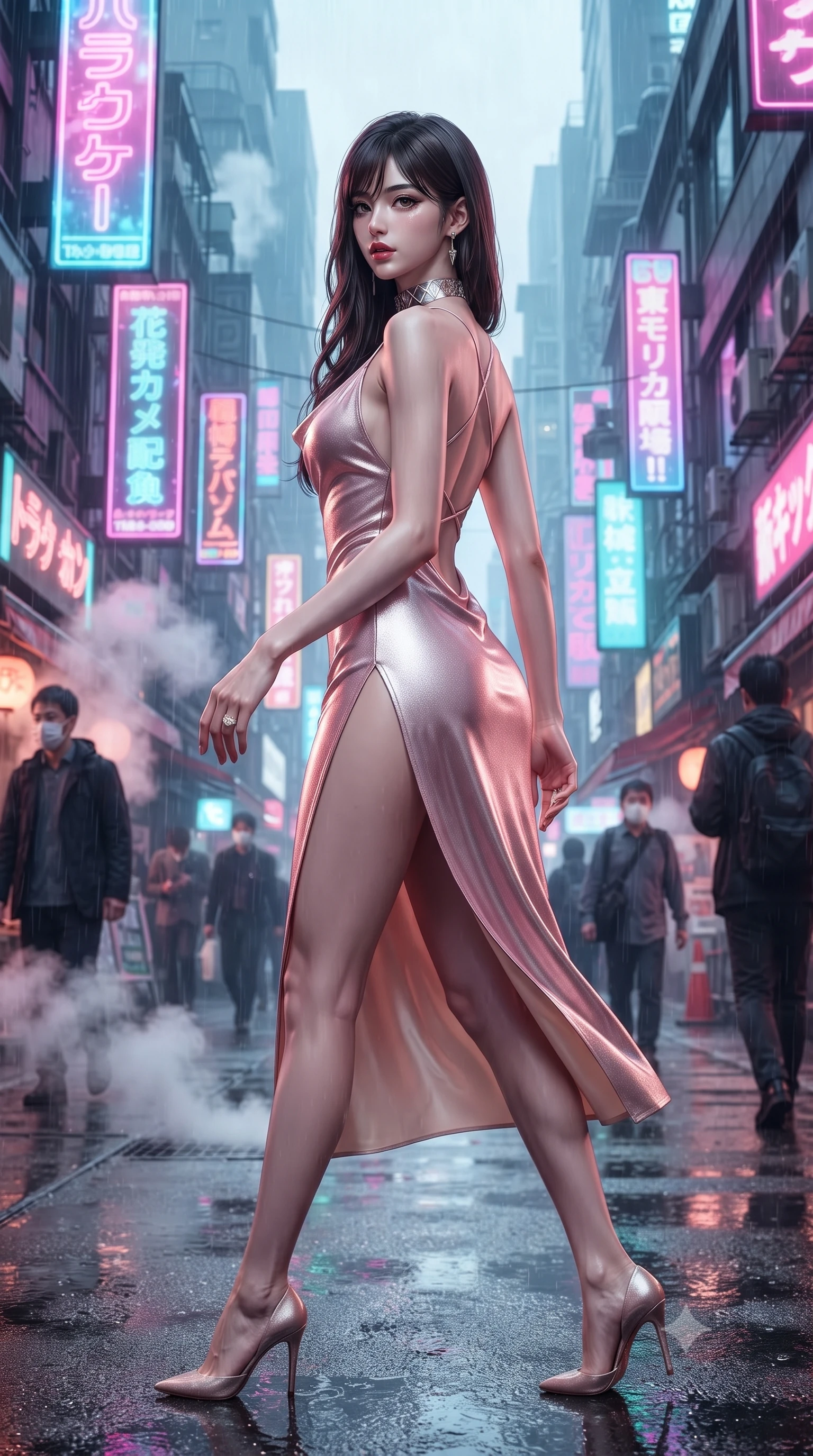 score_9, masterpiece, best quality, ultra-detailed, high-budget anime keyframe, editorial fashion photography, tasteful artistic composition, Korean woman. low angle full-body shot from head to toe showing her feet, filling the entire 9:16 vertical frame with her statuesque presence, stretching her vertical silhouette. posing with back turned slightly to the lens, glancing back with smoldering allure as she arches her lower back to emphasize her sculpted feminine hips and slender waist while striding through the narrow rain-slicked cyber-canyon packed with cascading holographic neon banners, arching her back with sovereign supermodel poise as steam rises from street vents. The composition keeps background elements in soft focus with creamy bokeh. steaming street grates and passing cyberpunk transit pedestrians softened in moody Tokyo shallow focus. She has an exceptionally tall and slender model-like 8.5-heads proportion, an ultra-slim waist, a flat toned midriff, narrow delicate ribcage, and beautifully sculpted feminine hips creating a graceful, slim hourglass silhouette without any bulky heaviness, with impossibly long slender legs. sharp v-shaped jawline, high-bridge nose, intricate jewel-like eyes with depth, thick eyelashes, glossy parted lips with a natural sheen, intensely captivating and seductive bedroom-eyes expression, flawlessly proportioned anatomical accuracy, strict slender model proportions, natural body alignment, perfectly sculpted long slender limbs, ultra-slim waistline, clean dynamic posture without body distortion. wearing a backless cowl-neck satin slip dress featuring high-cut side hip slits and delicate criss-cross back straps in sakura blossom pink and warm ivory, crafted from luxurious metallic lamé that shifts radiance with every step, complemented by a bold geometric choker and sparkling cocktail ring, the glove-like aerodynamic silhouette tightly following the natural contour of her hips and long slender legs with statuesque 8.5-heads elegance. illuminated by wet ground specular reflections accentuating her sculpted midriff, narrow waist, and curvy hips. ultra-reflective glossy finish, specular highlights, rich textural contrasts, high-contrast stereoscopic depth, volumetric dynamic lighting, 2k, ultra detail, master piece, 9:16 ratio