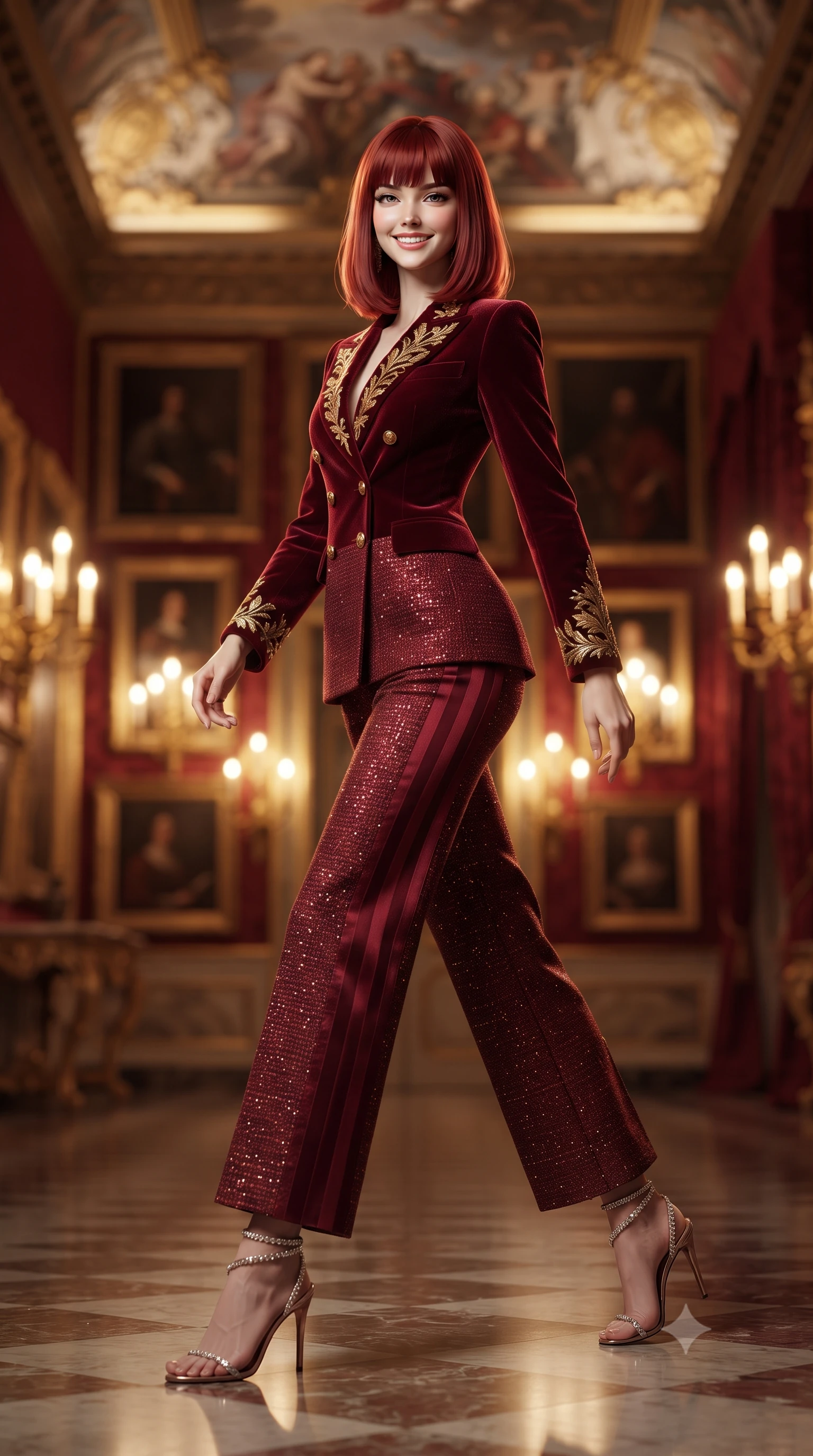 score_9, masterpiece, best quality, ultra-detailed, high-budget anime keyframe, editorial fashion photography, tasteful artistic composition, Caucasian woman. low angle full-body shot from head to toe showing her feet, filling the entire 9:16 vertical frame with her statuesque presence, stretching her vertical silhouette. stepping forward in a confident stride, her long slender legs and curvaceous hips creating a dynamic, sweeping vertical line while twisting her slender torso in an alluring contrapposto stance on the mirror-polished marble floor, golden sconce reflections tracing her narrow waist and hips. The background shows a soft-focus dense gallery walls of gilded Renaissance frames, painted Pietro da Cortona ceiling frescoes, and heavy crimson silk damask blurred into ruby, ivory, and gold bokeh. She has an exceptionally tall and slender model-like 8.5-heads proportion, an ultra-slim waist, a flat toned midriff, narrow delicate ribcage, and beautifully sculpted feminine hips creating a graceful, slim hourglass silhouette without any bulky heaviness, with impossibly long slender legs. sharp v-shaped jawline, high-bridge nose, intricate jewel-like sparkling eyes with depth, thick eyelashes, glossy parted lips with a natural peach sheen, bright cheerful beaming smile with an enchanting and coquettish sensual glint, exuding both youthful cute charm and seductive allure, flawlessly proportioned anatomical accuracy, strict slender model proportions, natural body alignment, perfectly sculpted long slender limbs, ultra-slim waistline, clean dynamic posture without body distortion. wearing a tailored Bohemian double-breasted velvet smoking jacket paired with wide-leg satin-stripe trousers in Bohemian Prague garnet ruby and antique 24k gold leaf, woven from structured British tweed with subtle metallic flecks, complemented by strappy stiletto sandals with crystal ankle wraps accentuating her slender calves, the bespoke structured tailoring following the natural line of her 8.5-heads silhouette with refined elegance. bathed in the warm intimate 2500K golden illumination of wall candelabra sconces dimmed to an evening gala ambiance. ultra-reflective glossy finish, specular highlights, rich textural contrasts, high-contrast stereoscopic depth, volumetric dynamic lighting, 2k, ultra detail, master piece, 9:16 ratio