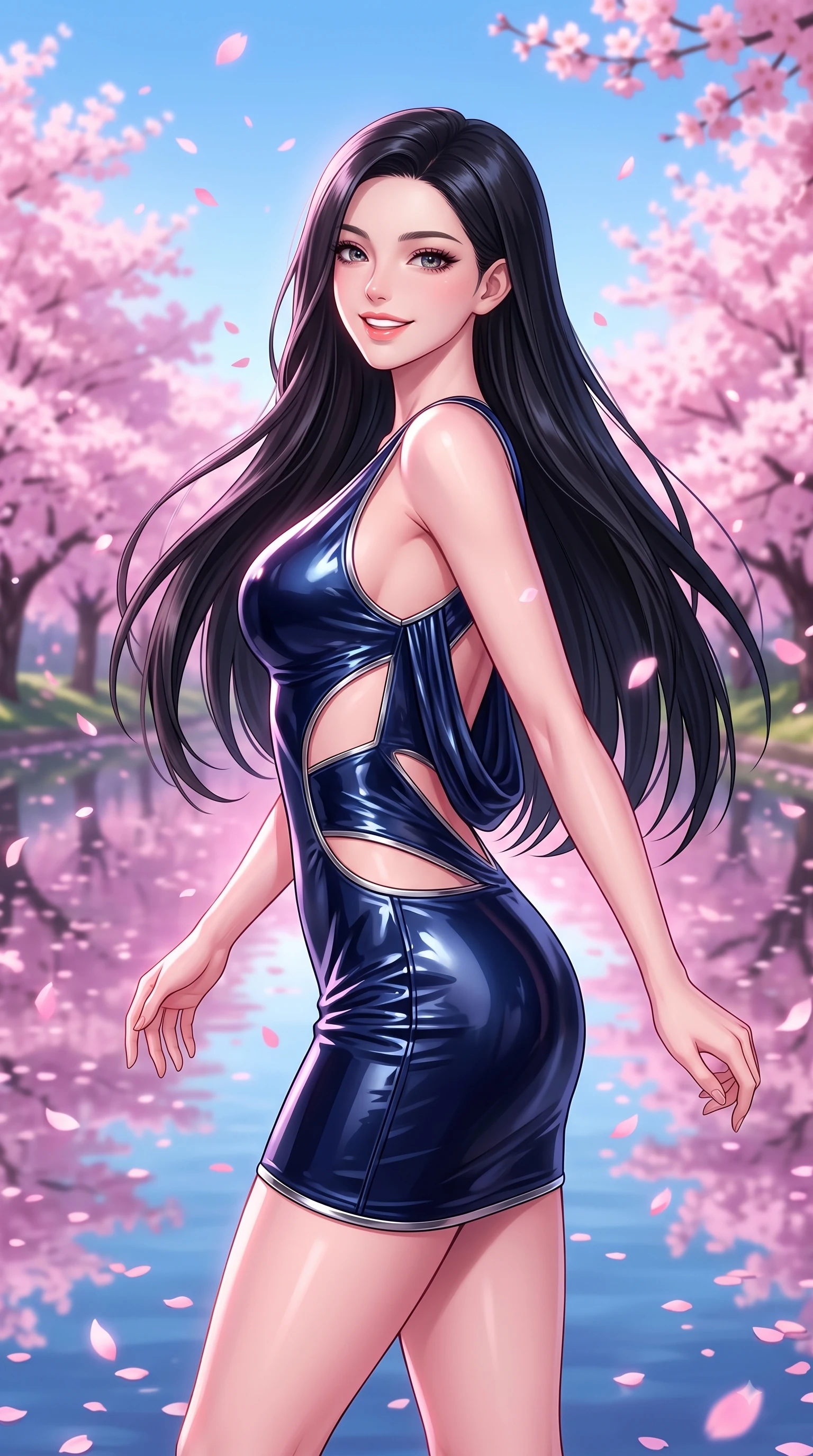 score_9, masterpiece, best quality, ultra-detailed, high-budget anime keyframe, editorial fashion photography, tasteful artistic composition, Korean woman. close-up cowboy shot from the waist and thighs up, the character dominates the composition, filling the frame with her large presence, background elements kept in soft focus. Cheerful beaming smile with parted lips, exuding pure enchanting charm while turning dynamically toward the camera while spinning in mid-air over a serene mirror lake as pink petals rain softly around her, dense canopies of pink cherry blossoms scattering petals across the clear blue lake. She has an exceptionally elegant, slender, and willowy female figure with an ultra-slim waist, a gracefully sculpted slender torso, and a refined silhouette. sharp v-shaped jawline, high-bridge nose, intricate jewel-like eyes with depth, thick eyelashes, glossy lips with a natural sheen, flawlessly proportioned anatomical accuracy, natural body alignment, perfectly sculpted elegant limbs, clean dynamic posture without body distortion. wearing a precision-fitted liquid jersey bodycon dress with a graceful draped back in midnight navy blue and chrome trim, tailored from high-gloss patent leather, featuring clean architectural cutouts along her slender torso, the form-contouring material highlighting her ultra-slim waist and long lines. illuminated by soft glowing pink ambient light and clear sky refractions. highly saturated vibrant anime colors, detailed shading with soft gradients, rich glossy textures, high-contrast stereoscopic depth, volumetric dynamic lighting, master piece, 9:16 ratio
