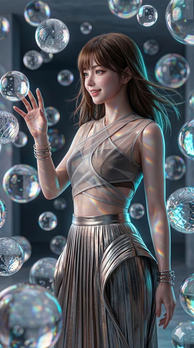 score_9, masterpiece, best quality, ultra-detailed, high-budget anime keyframe, editorial fashion photography, tasteful artistic composition, Korean woman. Upper body close-up from the thighs up, character filling the screen for maximum presence. Sta