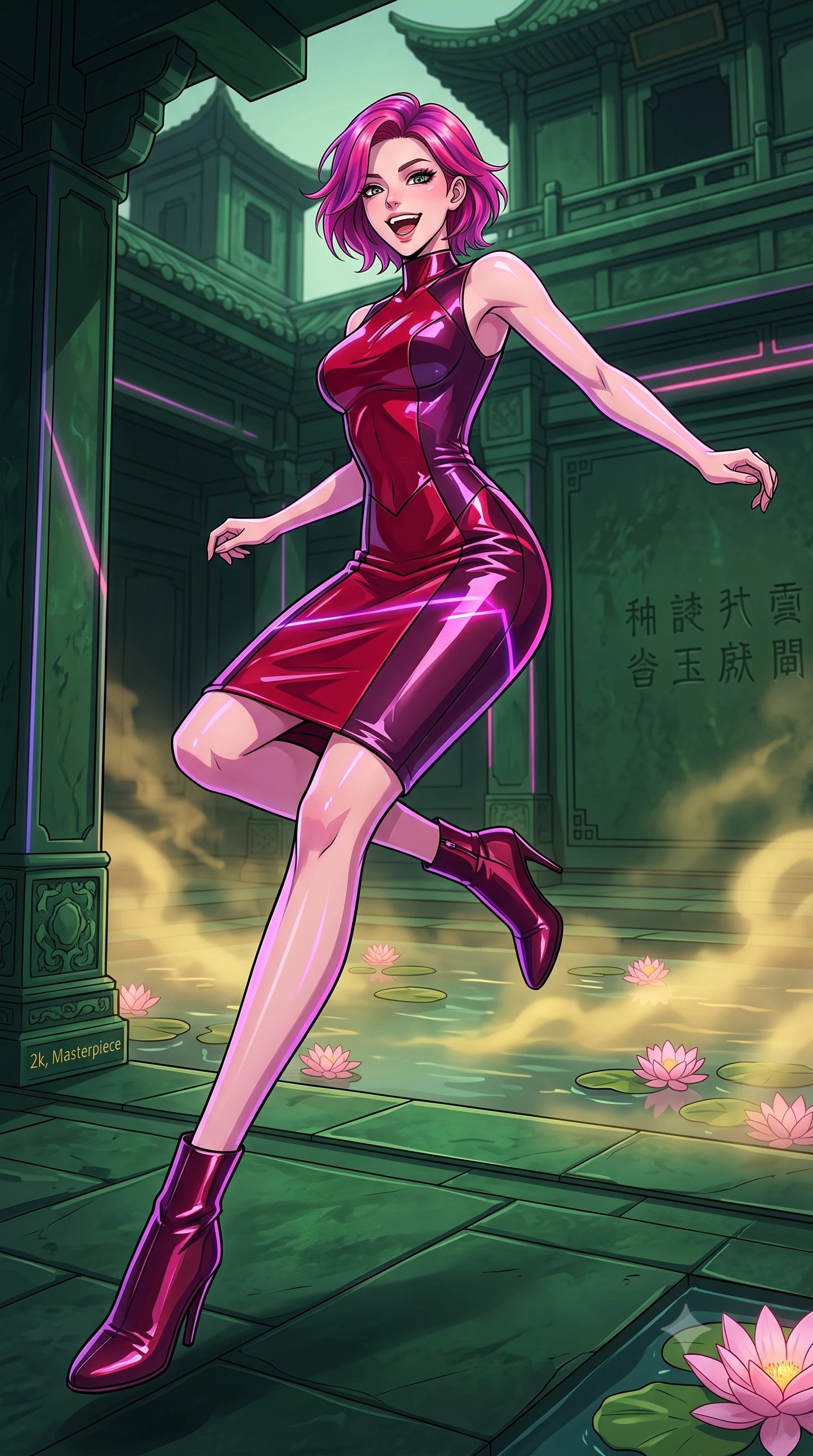 score_9, masterpiece, best quality, ultra-detailed, high-budget anime keyframe, editorial fashion photography, tasteful artistic composition, gorgeous anime illustration, with clean line-art, distinct ink outlines, and high-contrast stereoscopic depth, Caucasian woman, strictly human ears. low angle full-body shot from head to toe showing her feet, filling the entire 9:16 vertical frame with her statuesque presence, stretching her vertical silhouette. vaulting dynamically with an energetic laugh through in a mythical courtyard built of dark green jade stone, with floating pink lotus blossoms in ornamental ponds and golden fog drifting above the water. She has a statuesque 8.5-heads proportion, an exceptionally tall, slender and willowy model-like build with impossibly long legs and a highly sculpted ultra-slim waist. sharp v-shaped jawline, high-bridge nose, intricate jewel-like eyes with depth, thick eyelashes, glossy lips with a natural sheen. wearing a glossy vinyl-effect pencil dress in dual-tone cherry red and plum, sculpting her slender silhouette with lacquered perfection. laser lines of violet and hot pink reflecting off surfaces casting geometric neon highlights. 2k, ultra detail, master piece, 9:16 ratio, highly saturated vibrant anime colors, detailed cel-shading with soft gradients, rich glossy textures, deep contrast, volumetric dynamic lighting, 2d animation style
