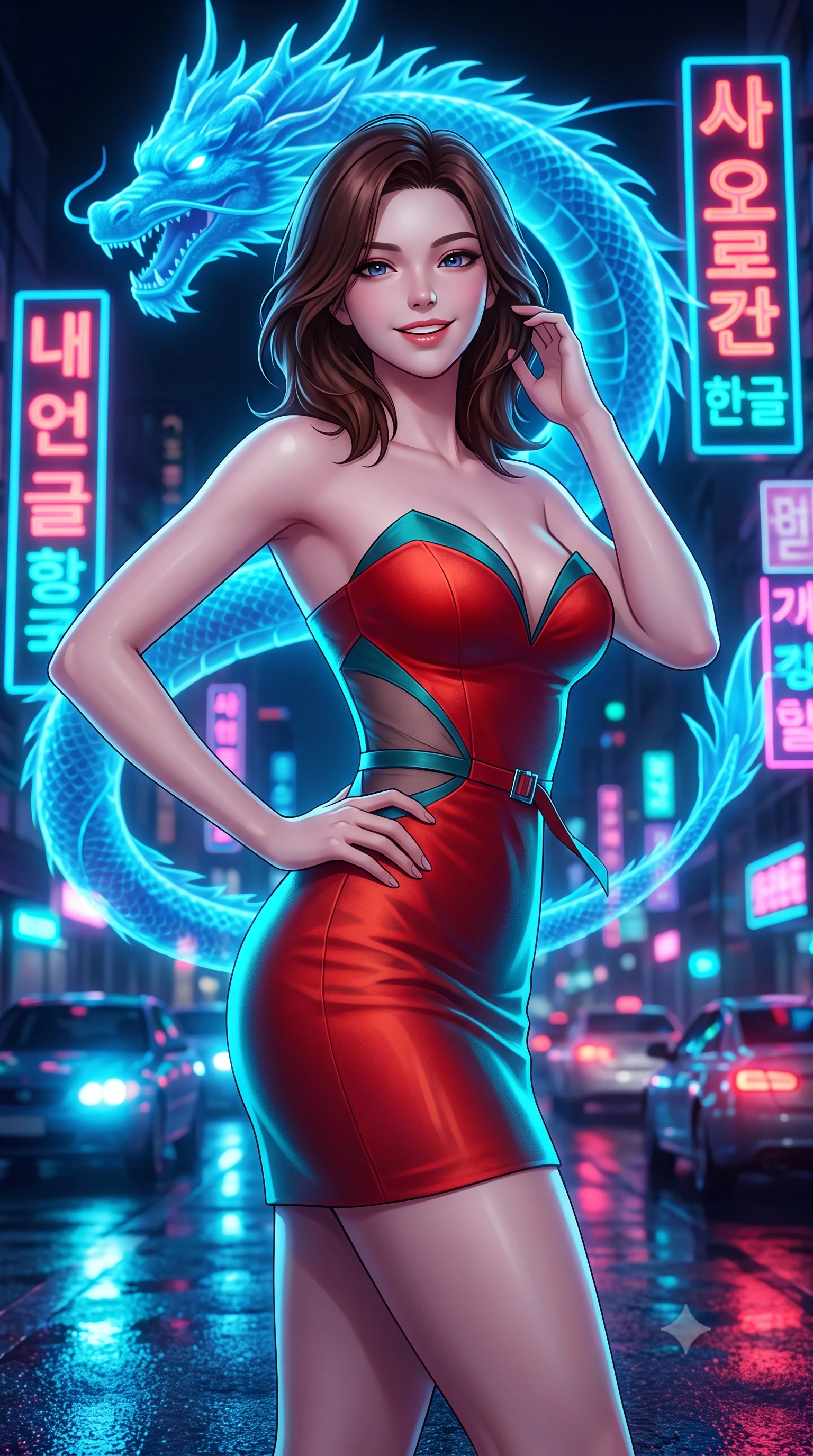 score_9, masterpiece, best quality, ultra-detailed, high-budget anime keyframe, semi-realistic 3D game render, editorial fashion photography, tasteful artistic composition, Korean woman. close-up cowboy shot from the waist and thighs up, the character dominates the composition, filling the frame with her large presence. twisting her slender torso in an alluring contrapposto stance, one hand resting on her sculpted hip while her fingers toy with her hair with effortless poise while twisting her slender torso in an alluring contrapposto stance, multicolored neon Hangul typography reflecting across her narrow waist and curvy hips. The background shows a soft-focus gigantic coiling holographic azure dragon, towering neon Hangul holographic signs, and rain-slicked futuristic traffic blurred into electric cyan, cobalt, and crimson bokeh. She has an exceptionally elegant, slender, and willowy female figure with an ultra-slim waist, flat toned midriff, narrow ribcage, and sculpted feminine hips creating an alluring, slim hourglass silhouette without bulk. sharp v-shaped jawline, high-bridge nose, intricate jewel-like sparkling eyes with depth, thick eyelashes, glossy parted lips with a natural peach sheen, bright cheerful beaming smile with an enchanting and coquettish sensual glint, exuding both youthful cute charm and seductive allure, flawlessly proportioned anatomical accuracy, strict slender model proportions, natural body alignment, perfectly sculpted long slender limbs, ultra-slim waistline, clean dynamic posture without body distortion. wearing an alluring plunging sweetheart bodice dress with sheer mesh side-waist cutouts contouring her ribs in cyber-shinto vermilion and electric teal, crafted from bespoke double-faced cashmere with an exceptionally soft tactile finish, finished with sleek magnetic buckle closures fluttering in the breeze, the bespoke structured tailoring following the natural line of her 8.5-heads silhouette with refined elegance. illuminated by wet pavement reflection bounce and sharp electric-cyan rim lights defining her jawline, narrow waist, and curvy hips. highly saturated vibrant anime colors, detailed shading with soft gradients, rich glossy textures, high-contrast stereoscopic depth, volumetric dynamic lighting, master piece, 9:16 ratio