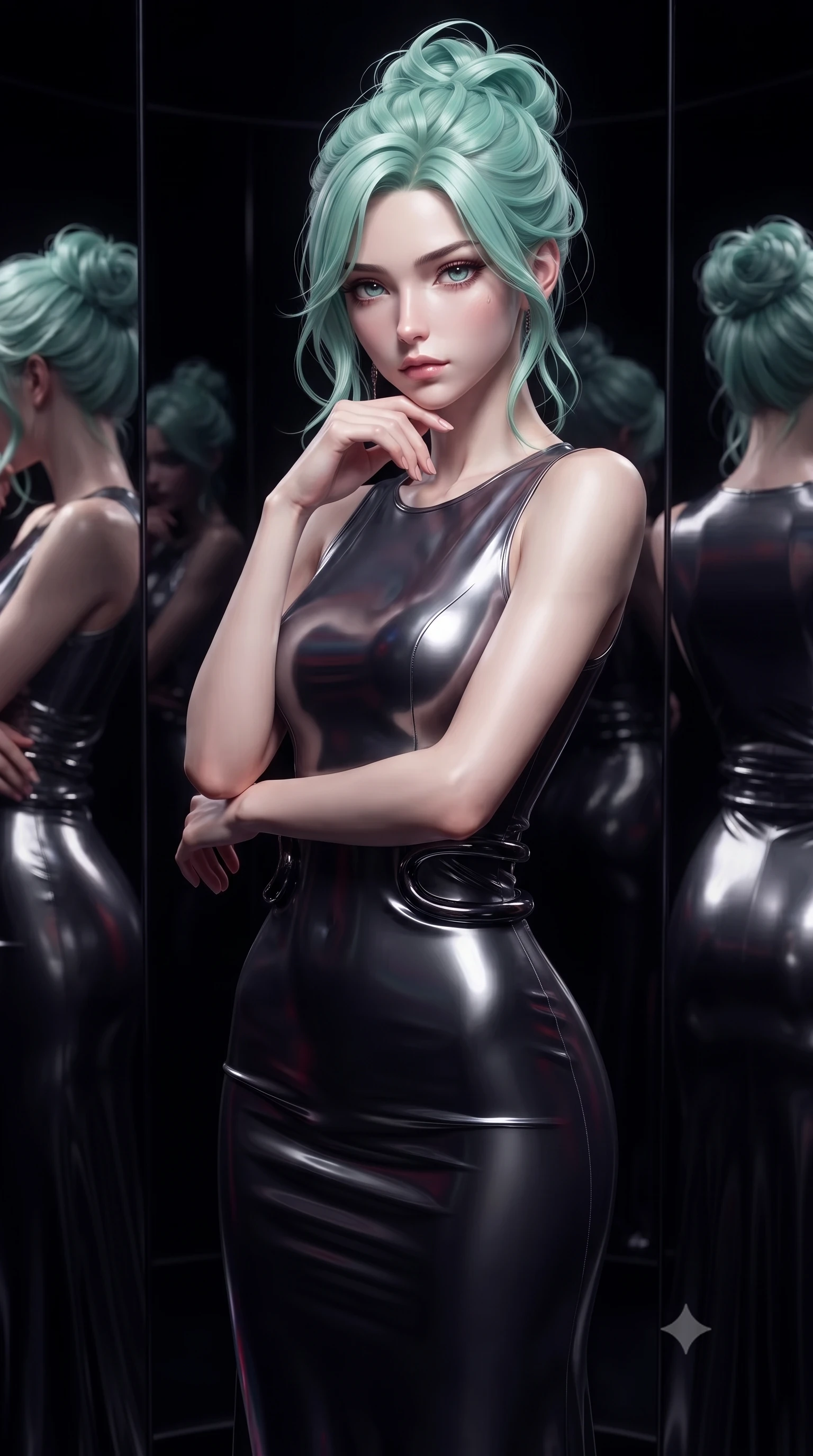 score_9, masterpiece, best quality, ultra-detailed, high-budget anime keyframe, editorial fashion photography, tasteful artistic composition, Japanese woman. close-up cowboy shot from the waist and thighs up, the character dominates the composition, filling the frame with her large presence, background elements kept in soft focus. Resting her chin on the backs of her fingers with an air of effortless superiority, inside a pitch-black kaleidoscope chamber lined with rotating dark chrome mirrors, high-contrast black-and-silver reflections dancing across mirror surfaces. She has an exceptionally elegant, slender, and willowy female figure with an ultra-slim waist, a gracefully sculpted slender torso, and a refined silhouette. sharp v-shaped jawline, high-bridge nose, intricate jewel-like eyes with depth, thick eyelashes, glossy lips with a natural sheen. wearing fitted liquid mercury jersey maxi dress hugging every curve in metallic dark silver, made of high-gloss liquid vinyl, accented with sculpted obsidian chrome rings at the waist, following her slender form with tailored precision. lit by a single piercing key ray refracting into multi-color dark spectrums. ultra-reflective glossy finish, specular highlights, metallic sheen, high-contrast stereoscopic depth, volumetric dynamic lighting, 2k, ultra detail, master piece, 9:16 ratio