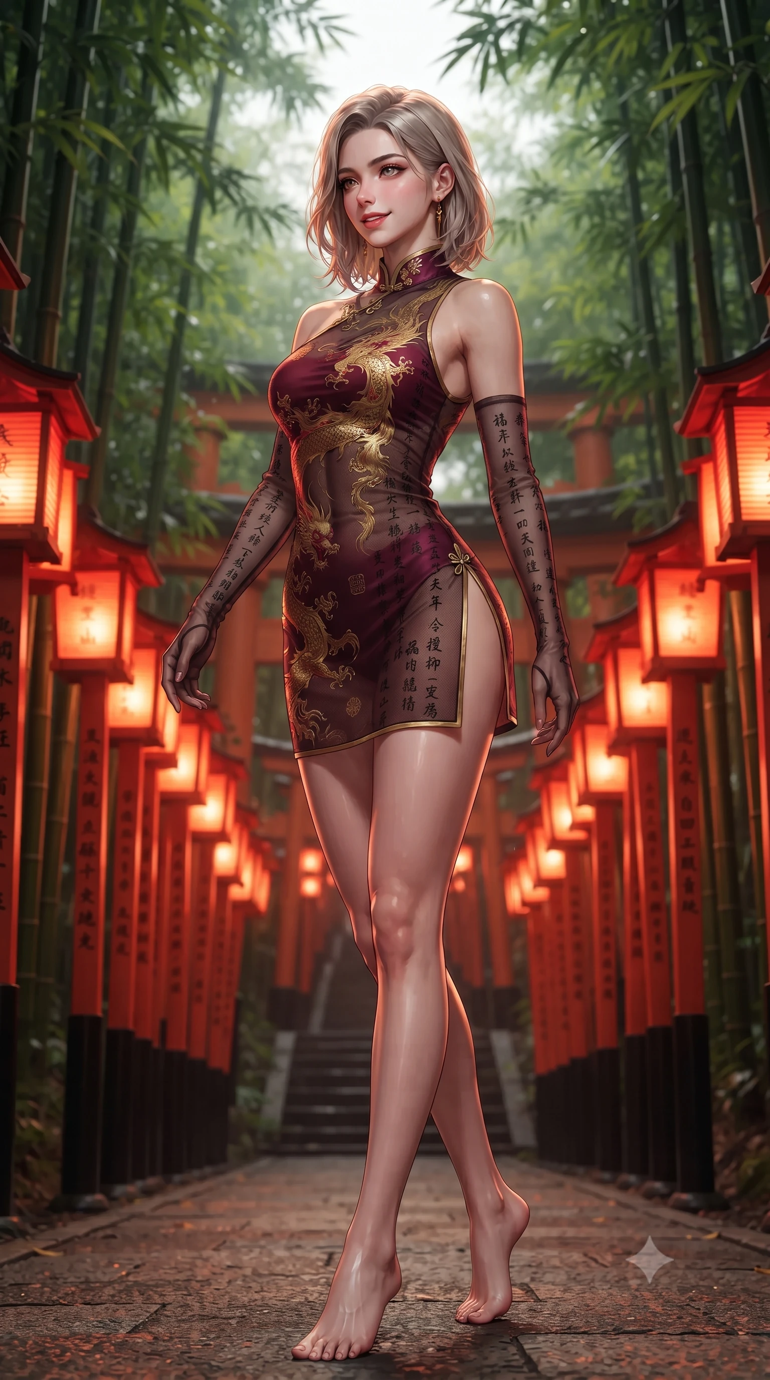score_9, masterpiece, best quality, ultra-detailed, high-budget anime keyframe, editorial fashion photography, tasteful artistic composition, Caucasian woman. low angle full-body shot from head to toe showing her feet, filling the entire 9:16 vertical frame with her statuesque presence, stretching her vertical silhouette. walking slowly through the bamboo pathway, looking back over her shoulder with an air of effortless oriental grace and an alluring, smoldering smile while twisting her slender torso in an alluring S-curve, vertical black calligraphy inscriptions and red lantern glow tracing her tight fusion outfit. The surrounding environment is rendered in vivid detail and crisp panoramic clarity: detailed modern kimono fabric drape, scarlet lantern specular highlights on skin, and shrine gate architecture in high clarity. She has an absolutely perfect, statuesque 8.5-heads proportion, an exceptionally tall and slender model-like female figure with impossibly long slender legs, an ultra-slim waist, a flat toned midriff, narrow delicate ribcage, and beautifully sculpted feminine hips creating a graceful, slim hourglass silhouette without any bulky heaviness. sharp v-shaped jawline, high-bridge nose, intricate jewel-like dark sparkling almond eyes with depth, thick lashes, glossy parted lips with a natural rose-plum sheen, bright alluring and coquettish smile with bedroom-eyes, exuding both timeless oriental elegance and sovereign high-fashion allure, flawlessly proportioned anatomical accuracy, strict slender model proportions, natural body alignment, perfectly sculpted long slender limbs, ultra-slim waistline, clean dynamic posture without body distortion. wearing an asymmetric one-shoulder dragon-embroidered silk mini dress hugging her narrow waist and rounded feminine hips in deep wine burgundy and brushed antique gold, made of sheer technical micro-mesh with contouring shadow effects, complemented by delicate sheer silk fingerless gloves reaching past her elbows, the precision-cut side hip slits and low-back scoop framing her graceful spine and the sensual sweep of her slim, toned hips. bathed in radiant vermilion and warm lantern illumination echoing endlessly down the wooden tunnel. ultra-reflective glossy finish, specular highlights, rich textural contrasts, high-contrast stereoscopic depth, volumetric dynamic lighting, 2k, ultra detail, master piece, 9:16 ratio