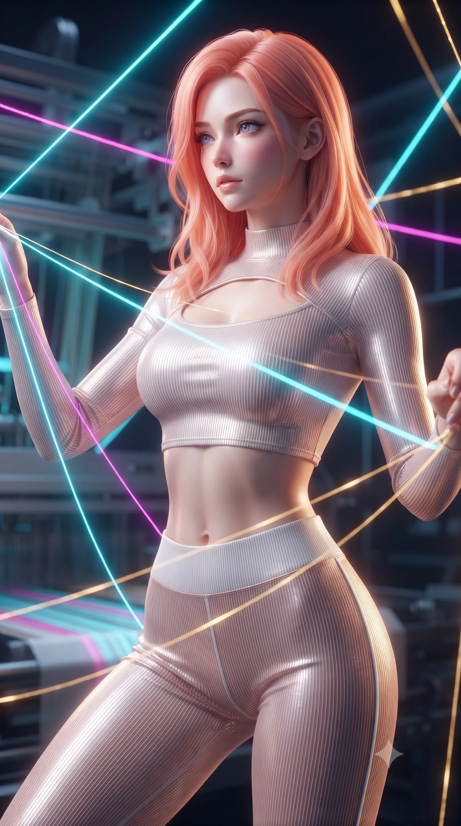score_9, masterpiece, best quality, ultra-detailed, high-budget anime keyframe, editorial fashion photography, tasteful artistic composition, Japanese woman. close-up cowboy shot from the waist and thighs up, the character dominates the composition, filling the frame with her large presence, background elements kept in soft focus. Gazing past the camera with an air of effortless elegance and mysterious confidence threading fluorescent fiber optic lines on a massive 3D light loom, fluorescent cyan, magenta, and gold light threads crossing in 3D space. She has an exceptionally elegant, slender, and willowy female figure with an ultra-slim waist, a gracefully sculpted slender torso, and a refined silhouette. sharp v-shaped jawline, high-bridge nose, intricate jewel-like eyes with depth, thick eyelashes, glossy lips with a natural sheen. wearing a form-fitting ribbed activewear set with collar cutouts in pearl white and rose gold, woven from fine semi-opaque sheer organza, accented with a Tasteful chest slit framing her clavicle gracefully, the tailored fabric tightly following every curve of her athletic build. illuminated by the brilliant glow of cyan and gold luminescent threads. ultra-reflective glossy finish, specular highlights, metallic sheen, high-contrast stereoscopic depth, volumetric dynamic lighting, 2k, ultra detail, master piece, 9:16 ratio