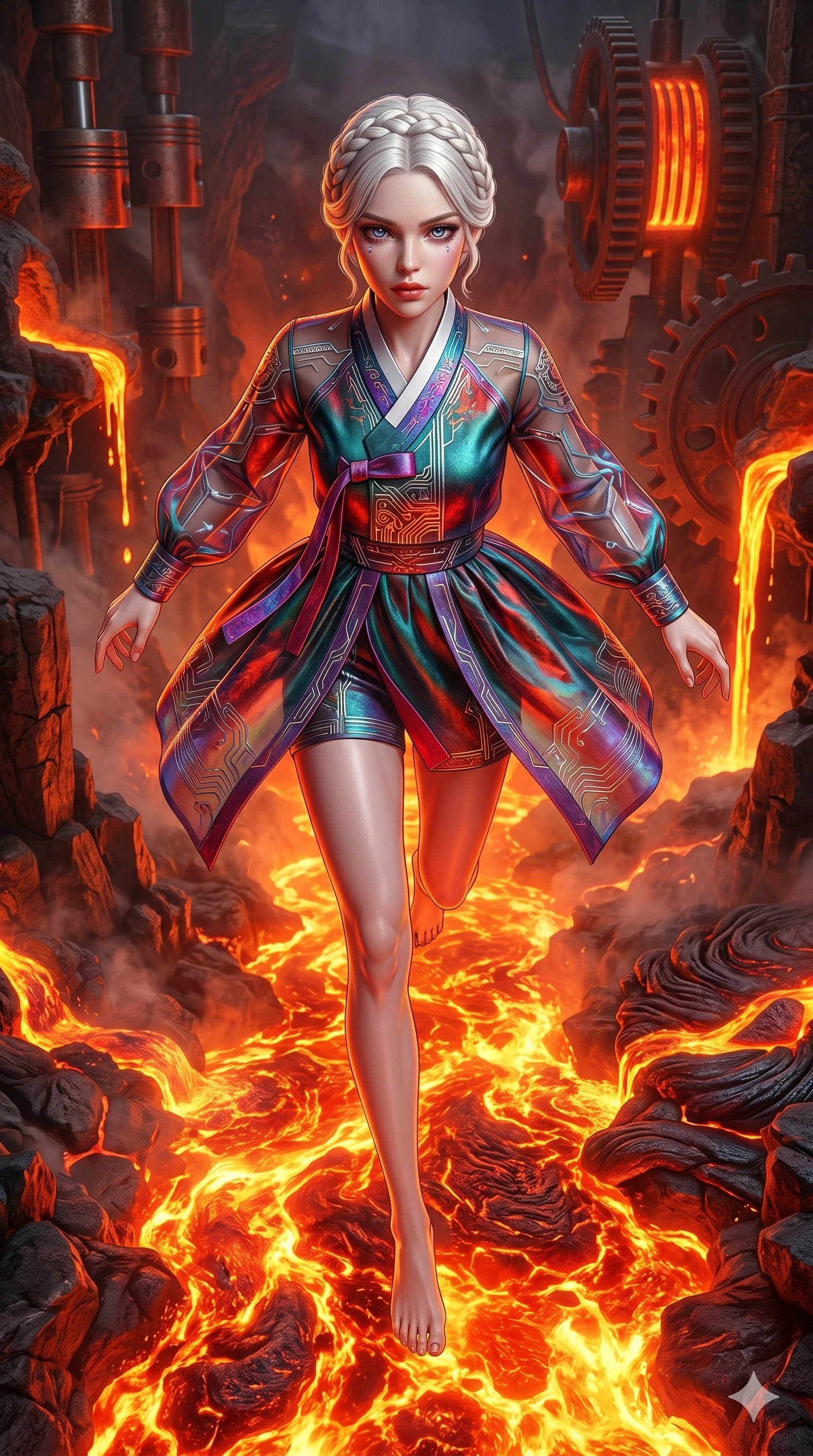score_9, masterpiece, best quality, ultra-detailed, photorealistic 8k CG, hyper-detailed textures, ray-tracing, Caucasian (strictly human ears) woman. Extreme high angle shot as she leaps towards the camera, filling the frame. leaping over a river of molten lava in a volcanic forge. She has an absolutely perfect 8-heads proportion, an exceptionally tall and slender female figure with an ultra-slim waist and impossibly long slender legs. strictly human anatomy, two legs only, no extra limbs, clearly defined legs and arms, perfect anatomy, perfect hands and fingers. sharp v-shaped jawline, high-bridge nose, intricate jewel-like eyes, thick eyelashes, glossy lips. Wearing Modern Traditional: Shortened cyber-hanbok with fusion silk robes and transparent panels. The scene is illuminated by dramatic atmospheric lighting and vibrant color palettes. , 2k, ultra detail, master piece, 9:16 ratio