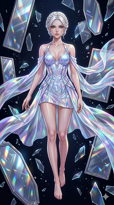 score_9, masterpiece, best quality, ultra-detailed, Set A: High-budget Anime Keyframe, Caucasian (strictly human ears) woman. Low angle cowboy shot filling the entire 9:16 frame with her statuesque presence. Floating through a dimension of floating m