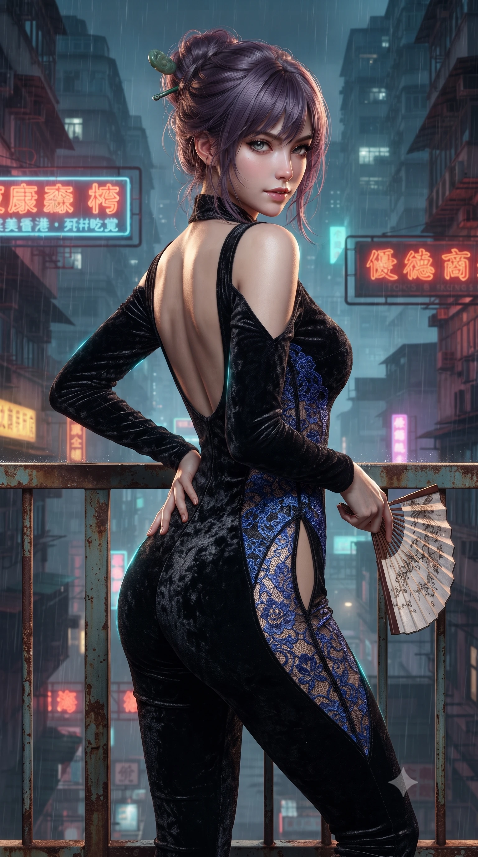 score_9, masterpiece, best quality, ultra-detailed, high-budget anime keyframe, editorial fashion photography, tasteful artistic composition, Japanese woman. close-up cowboy shot from the waist and thighs up, the character dominates the composition, filling the frame with her large presence. twisting her slender torso in an alluring contrapposto stance, one hand resting on her sculpted hip while holding a traditional silk folding fan with effortless poise while leaning against a weathered steel railing with hips cocked back, looking over a bare shoulder with an alluring, dangerous half-smile into the neon fog. The surrounding environment is rendered in vivid detail and crisp panoramic clarity: detailed silk dress drape, neon specular reflections on skin, and dense Asian megacity architecture in high resolution. She has an exceptionally elegant, slender, and willowy female figure with an ultra-slim waist, flat toned midriff, narrow ribcage, and sculpted feminine hips creating an alluring, slim hourglass silhouette without bulk. sharp v-shaped jawline, high-bridge nose, intricate jewel-like dark sparkling almond eyes with depth, thick lashes, glossy parted lips with a natural rose-plum sheen, bright alluring and coquettish smile with bedroom-eyes, exuding both timeless oriental elegance and sovereign high-fashion allure, flawlessly proportioned anatomical accuracy, strict slender model proportions, natural body alignment, perfectly sculpted long slender limbs, ultra-slim waistline, clean dynamic posture without body distortion. wearing a second-skin black silk jersey catsuit with delicate oriental floral lace panels along the ribs and thighs in royal cobalt blue and starlight platinum, crafted from sumptuous crushed winter velvet with deep light-absorbing plushness, featuring a modern sculptural jade hair pin securing her loose silky updo, the precision-cut side hip slits and low-back scoop framing her graceful spine and the sensual sweep of her slim, toned hips. illuminated by rooftop garden amber accents and sharp laser-cyan rim lighting sculpting her razor-sharp jawline, narrow waist, and curvy hips. ultra-reflective glossy finish, specular highlights, rich textural contrasts, high-contrast stereoscopic depth, volumetric dynamic lighting, 2k, ultra detail, master piece, 9:16 ratio