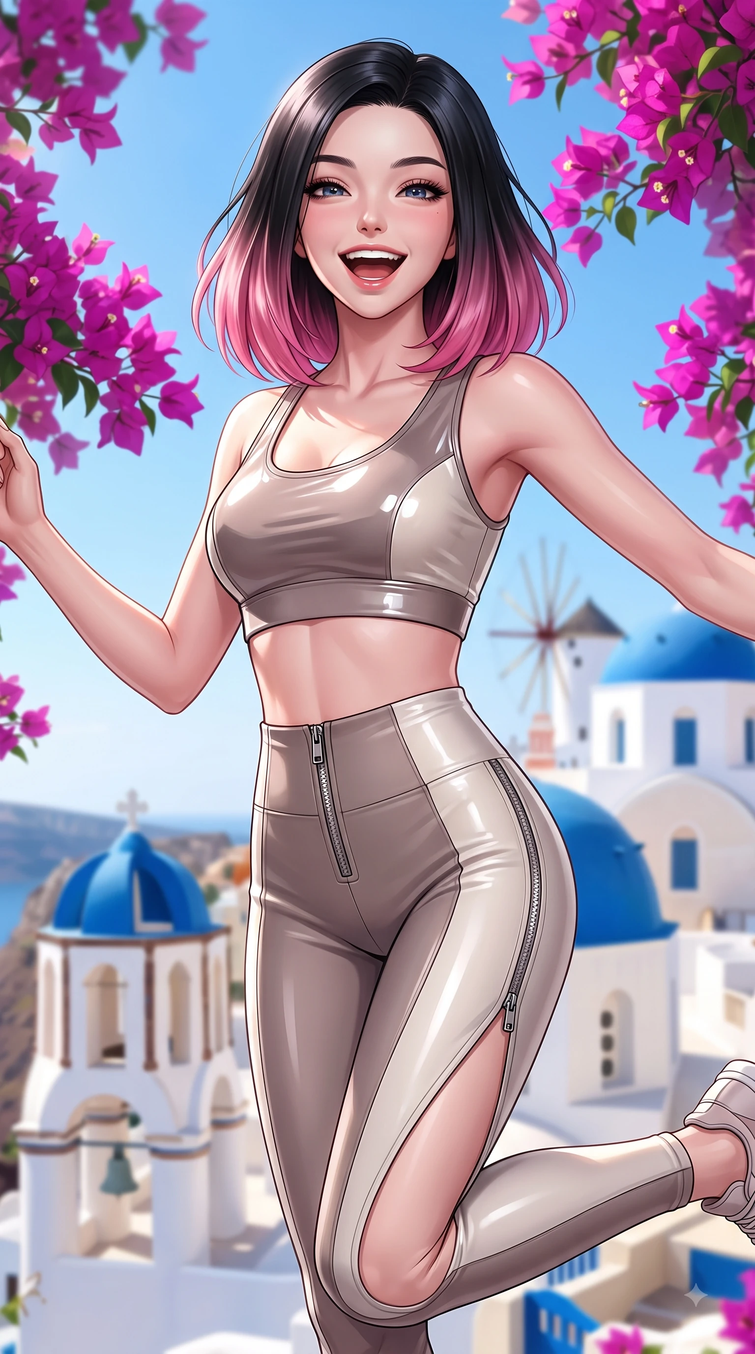 score_9, masterpiece, best quality, ultra-detailed, high-budget anime keyframe, editorial fashion photography, tasteful artistic composition, Korean woman. close-up cowboy shot from the waist and thighs up, the character dominates the composition, filling the frame with her large presence, background elements kept in soft focus. Joyful laughing expression filled with genuine happiness and warmth, leaning forward with cheerful energy while leaping playfully with a bright smile in front of iconic blue-domed churches and white windmills, vivid magenta bougainvillea blossoms creating colorful framing around her smiling face. She has an exceptionally elegant, slender, and willowy female figure with an ultra-slim waist, a gracefully sculpted slender torso, and a refined silhouette. sharp v-shaped jawline, high-bridge nose, intricate jewel-like eyes with depth, thick eyelashes, glossy lips with a natural sheen, flawlessly proportioned anatomical accuracy, natural body alignment, perfectly sculpted elegant limbs, clean dynamic posture without body distortion. wearing a glossy vinyl crop top and high-waist tailored leggings with sleek zippers in muted taupe and soft ivory, formed from sleek second-skin neoprene, finished with a sleek side slit ascending to mid-thigh, the sleek second-skin texture accentuating her magnetic presence. surrounded by a clear, sun-drenched atmosphere with crisp cheerful highlights. ultra-reflective glossy finish, specular highlights, metallic sheen, high-contrast stereoscopic depth, volumetric dynamic lighting, 2k, ultra detail, master piece, 9:16 ratio