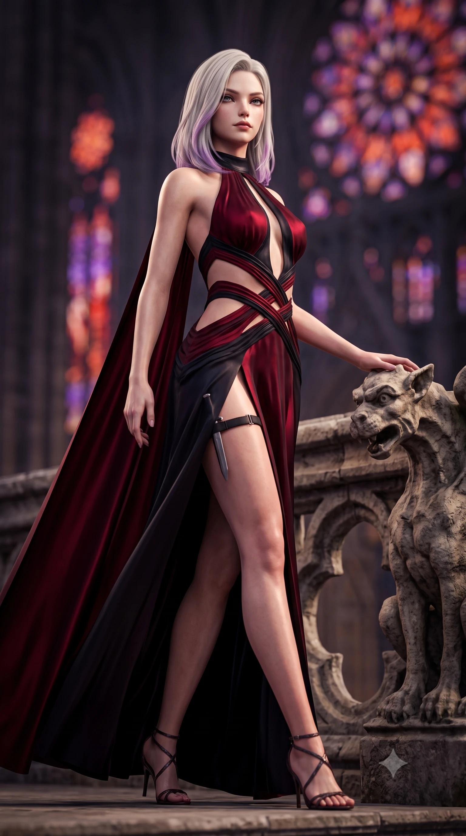 score_9, masterpiece, best quality, ultra-detailed, high-budget anime keyframe, semi-realistic 3D game render, editorial fashion photography, tasteful artistic composition, Caucasian woman. low angle full-body shot from head to toe showing her feet, filling the entire 9:16 vertical frame with her statuesque presence, stretching her vertical silhouette. striding forward in a proud, dynamic supermodel runway stride, hips swaying in an alluring kinetic rhythm that stretches her silhouette while resting one hand against a weathered gargoyle balustrade, looking back over her shoulder with an aloof, sovereign smirk. The composition keeps background elements in soft focus with creamy bokeh. colossal gothic rose windows and distant flying buttresses blurred into blood-orange, violet, and obsidian bokeh. She has an absolutely perfect, statuesque 8.5-heads proportion, an exceptionally tall and slender model-like female figure with impossibly long slender legs, a toned flat midriff, and an ultra-slim waist. sharp v-shaped jawline, high-bridge nose, intricate jewel-like eyes with depth, thick eyelashes, glossy parted lips with a natural sheen, intensely captivating and seductive expression, flawlessly proportioned anatomical accuracy, strict slender model proportions, natural body alignment, perfectly sculpted long slender limbs, ultra-slim waistline, clean dynamic posture without body distortion. wearing a gothic siren halter-neck dress with dramatic diagonal torso cutouts and a trailing floor-length silk cape in dramatic crimson and polished obsidian, tailored from ultra-smooth duchess satin with a pearlescent sheen, equipped with a concealed dagger sheath garter under her slit skirt, the form-contouring material adhering flawlessly to her sculpted flat midriff and slender torso, emphasizing her long leg lines and perfectly proportioned willowy build. illuminated by crisp specular highlights defining her sculpted jawline, bare spine, and long limbs. highly saturated vibrant anime colors, detailed shading with soft gradients, rich glossy textures, high-contrast stereoscopic depth, volumetric dynamic lighting, master piece, 9:16 ratio