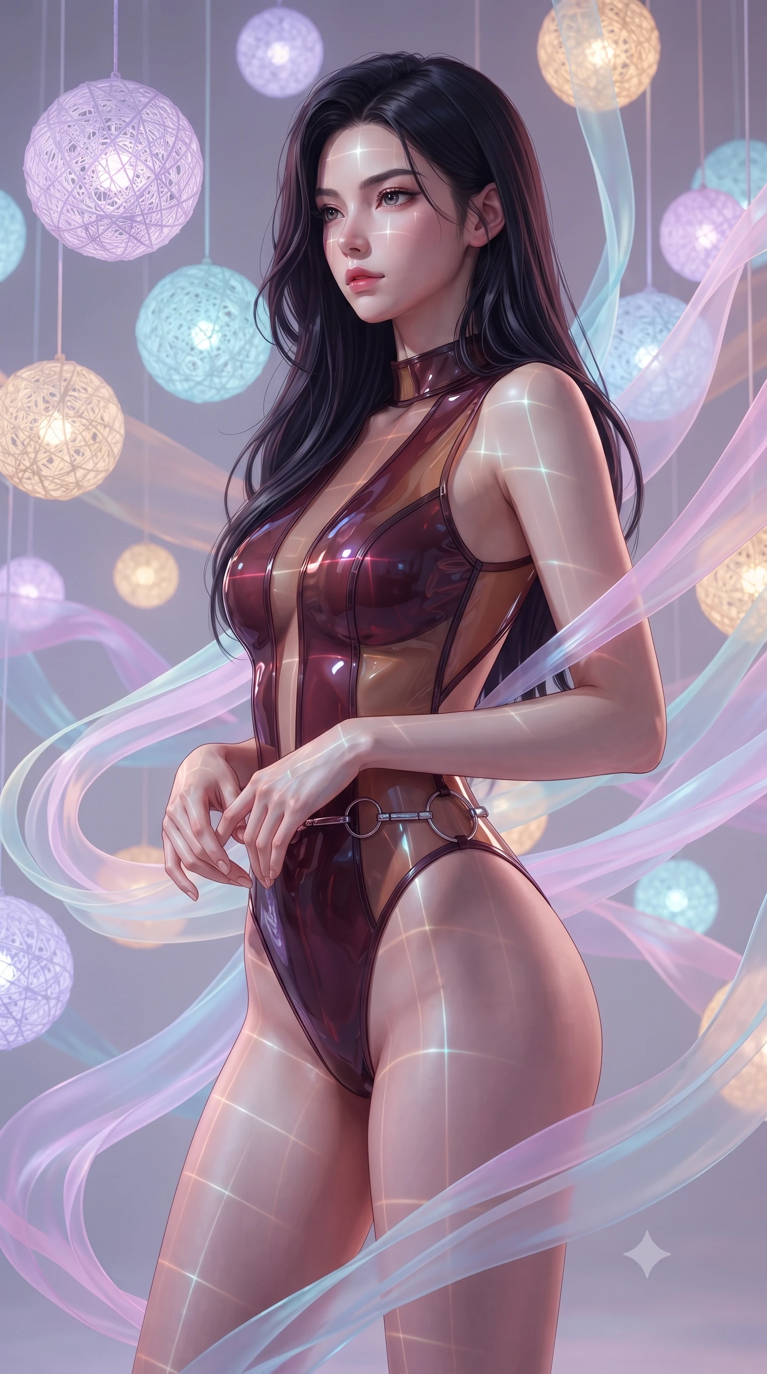 score_9, masterpiece, best quality, ultra-detailed, high-budget anime keyframe, editorial fashion photography, tasteful artistic composition, Korean woman. close-up cowboy shot from the waist and thighs up, the character dominates the composition, filling the frame with her large presence, background elements kept in soft focus. Gazing past the camera with an air of effortless elegance and mysterious confidence resting amidst suspended illuminated yarn spheres glowing with pastel tones, translucent silk ribbons swirling around her body like light streams. She has an exceptionally elegant, slender, and willowy female figure with an ultra-slim waist, a gracefully sculpted slender torso, and a refined silhouette. sharp v-shaped jawline, high-bridge nose, intricate jewel-like eyes with depth, thick eyelashes, glossy lips with a natural sheen. wearing a high-cut translucent vinyl leotard with front paneling and open back in deep burgundy and bronze, crafted from smooth liquid silk, accented with delicate chrome ring hardware framing her waist, the tailored fabric tightly following every curve of her athletic build. bathed in sharp geometric laser grid highlights and soft ambient fill. highly saturated vibrant anime colors, detailed shading with soft gradients, rich glossy textures, high-contrast stereoscopic depth, volumetric dynamic lighting, master piece, 9:16 ratio