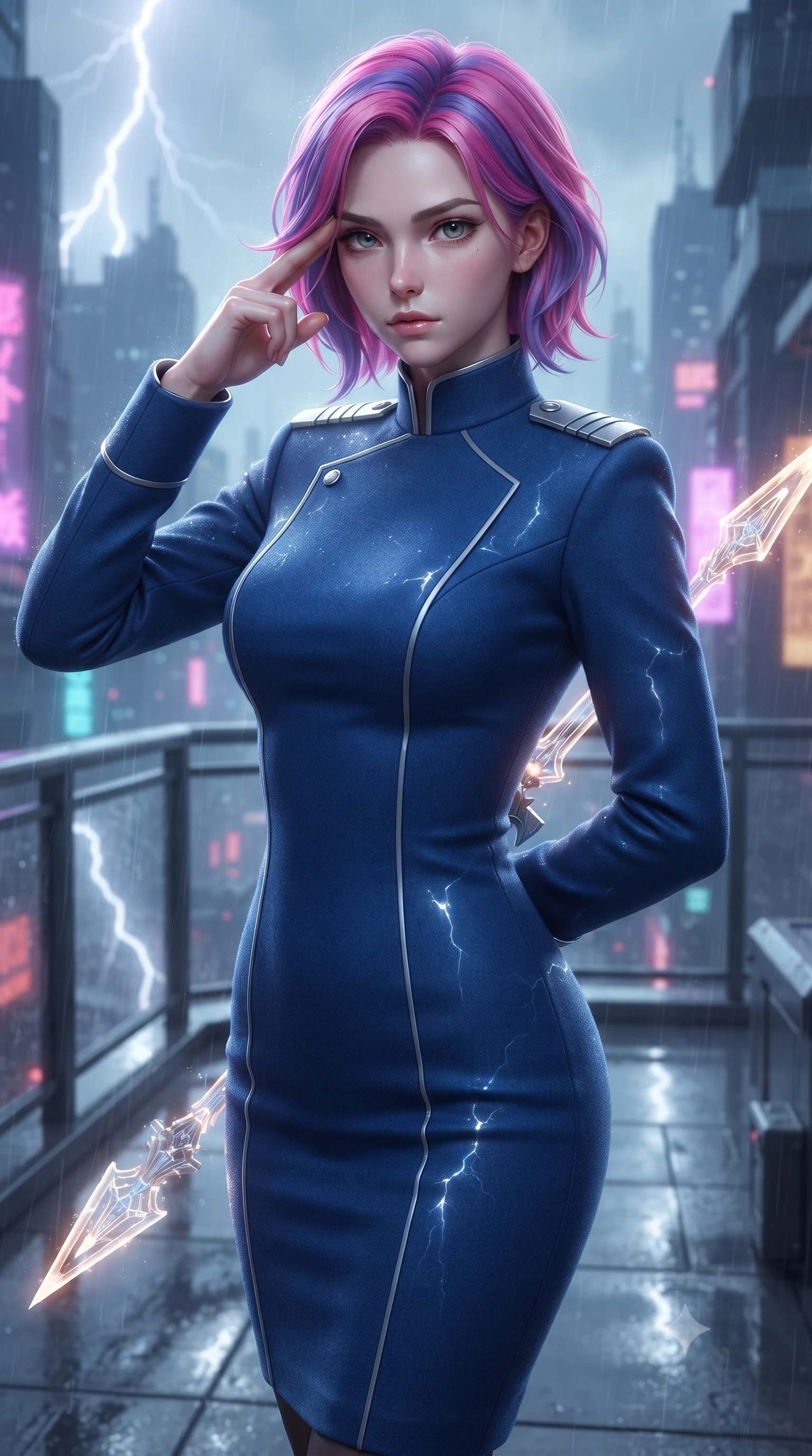 score_9, masterpiece, best quality, ultra-detailed, high-budget anime keyframe, editorial fashion photography, tasteful artistic composition, Caucasian woman. close-up cowboy shot from the waist and thighs up, the character dominates the composition, filling the frame with her large presence, background elements kept in soft focus. pressing two fingers to her temple while holding a light-spear diagonally behind her in a composed thoughtful gesture, the background shows a soft-focus a high-rise rooftop balcony overlooking a sprawling neon skyline in a rainstorm. She has an exceptionally elegant, slender, and willowy female figure with an ultra-slim waist, a gracefully sculpted slender torso, and a refined silhouette. sharp v-shaped jawline, high-bridge nose, intricate jewel-like eyes with depth, thick eyelashes, glossy lips with a natural sheen. wearing a tailored modern high-collar space marine dress uniform in deep blue wool, featuring structured silver shoulder ranks. flashes of white lightning reflecting off the wet metallic surfaces around her. ultra-reflective glossy finish, specular highlights, metallic sheen, high-contrast stereoscopic depth, volumetric dynamic lighting, 2k, ultra detail, master piece, 9:16 ratio